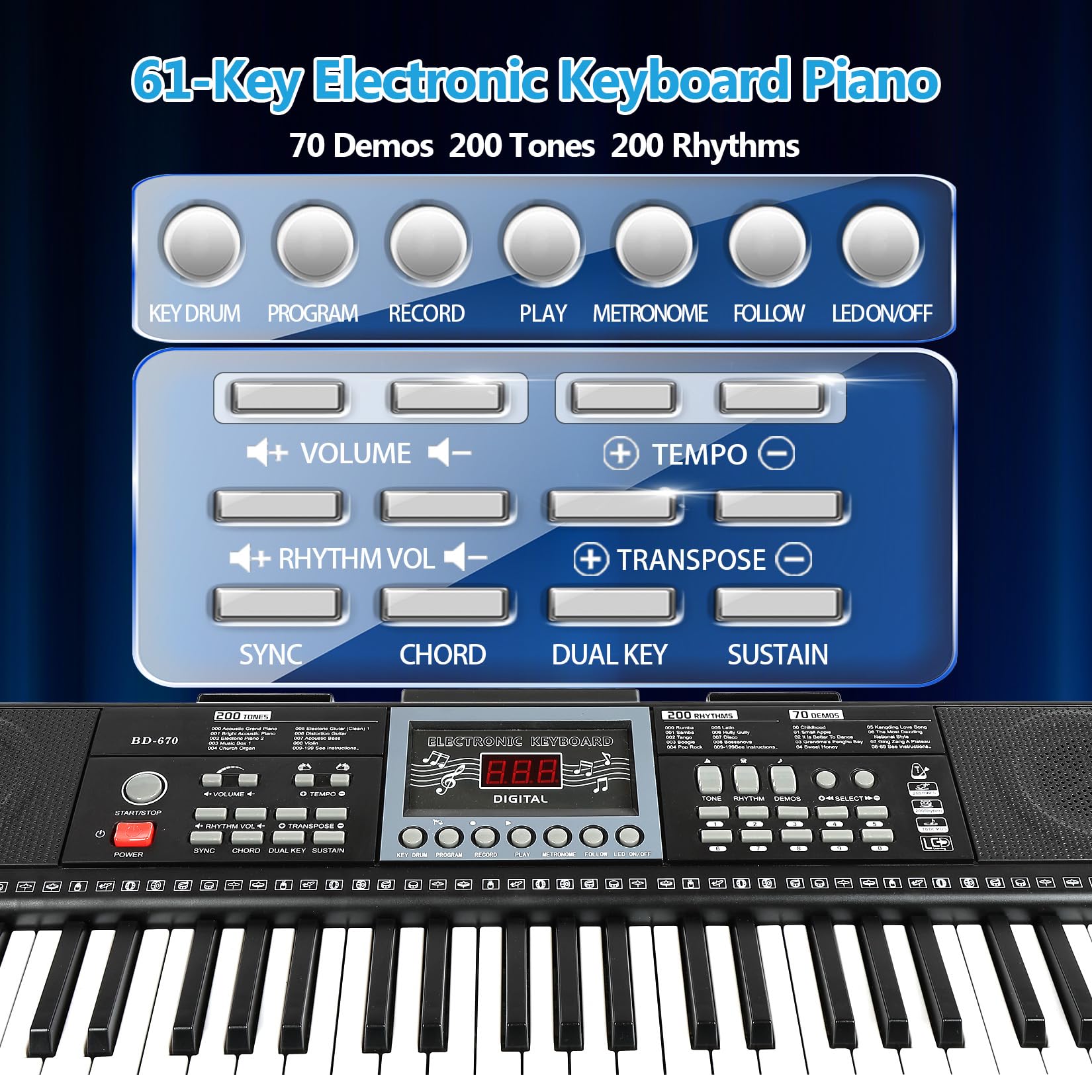 61 Key Electronic Keyboard Piano for Beginners - Portable Digital Piano with Stand & Bench, Lighted Keys, 200 Tones/Rhythms, 70 Demo Songs - Perfect for Home Learning, Music Practice & Gift (Metronome, Sustain, Pitch Bend, Dual Key Functions)