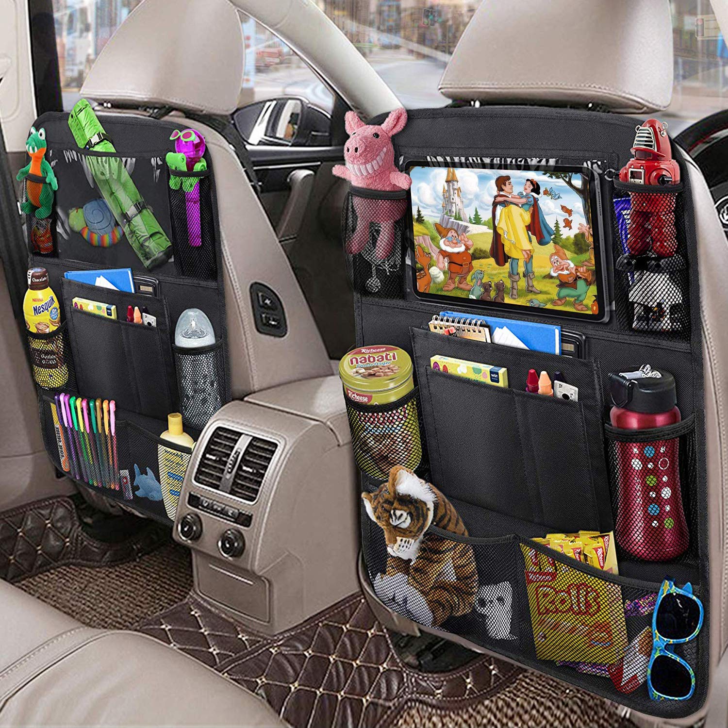 2 Pack Car Backseat Organizer with Touch Screen Tablet Holder & 9 Storage Pockets - Kick Mats & Car Seat Protectors - Perfect Travel Accessories for Kids & Toddlers - Ideal for Road Trips, Family Vacations & Daily Commutes