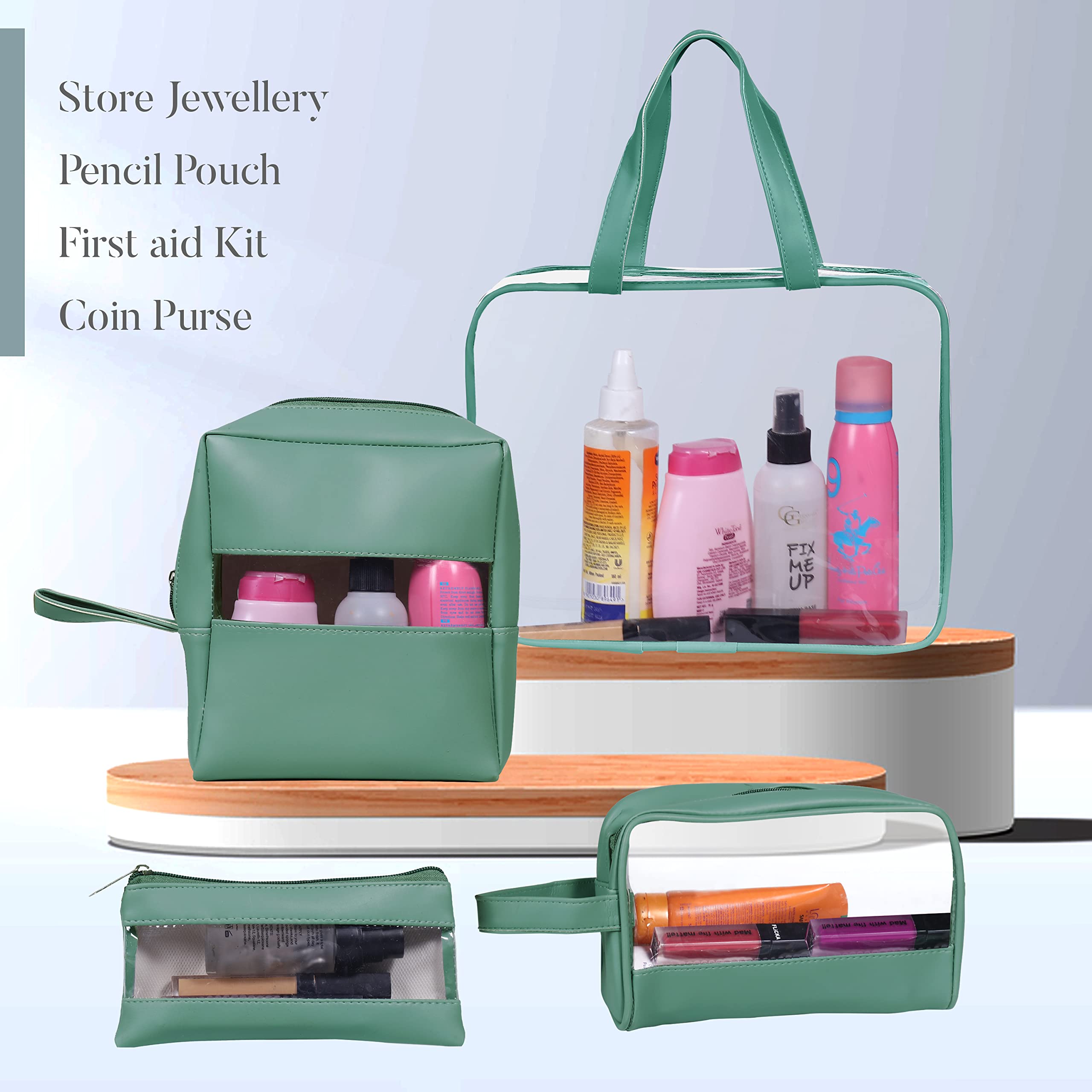 Vegan Leather Cosmetic Organizer Set - 4 Pcs Travel Makeup Pouch for Women (Green) - Perfect for Travel & Daily Use