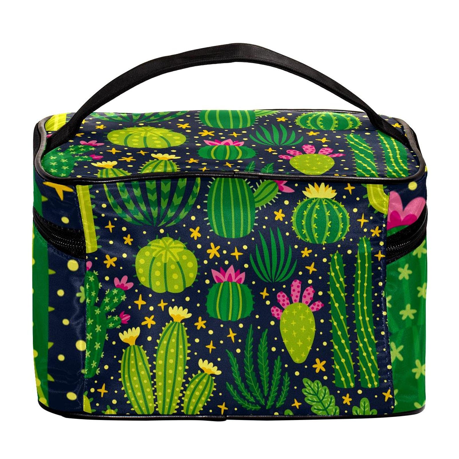 **Cute Cartoon Cactus Print Large Travel Makeup Bag for Women & Girls - Waterproof Cosmetic Organizer with Zipper - Perfect for Travel, Gym, and Daily Use**