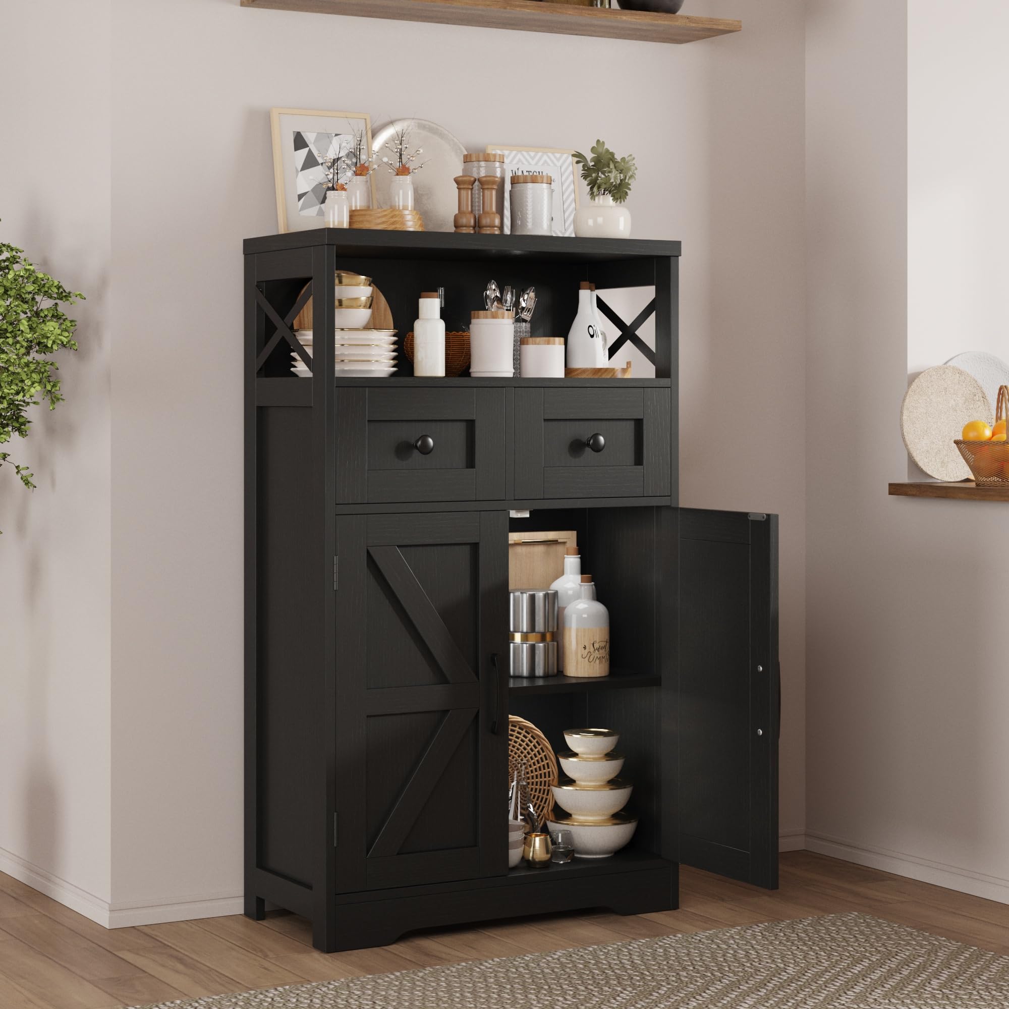 Black Farmhouse Kitchen Pantry Cabinet with Doors & Shelves - Freestanding Floor Hutch Cupboard for Coffee Bar Storage - Perfect for Kitchen, Laundry Room & Living Room Organization