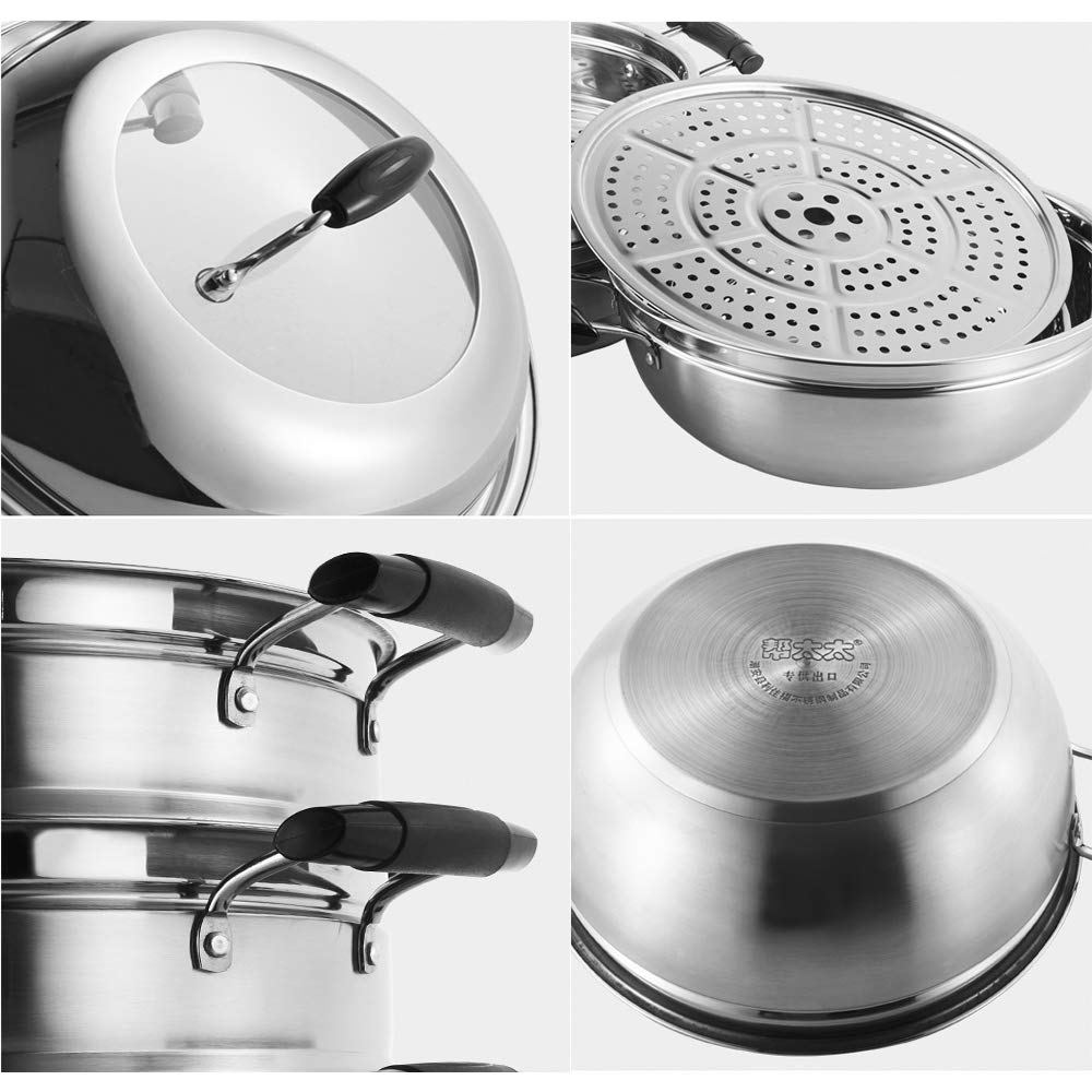 Premium Stainless Steel Steamer Pot - 3-Tier Chinese Vegetable Steamer Basket for Induction Cooker & All Pans (34cm) - Perfect for Healthy Cooking, Dumplings & Seafood