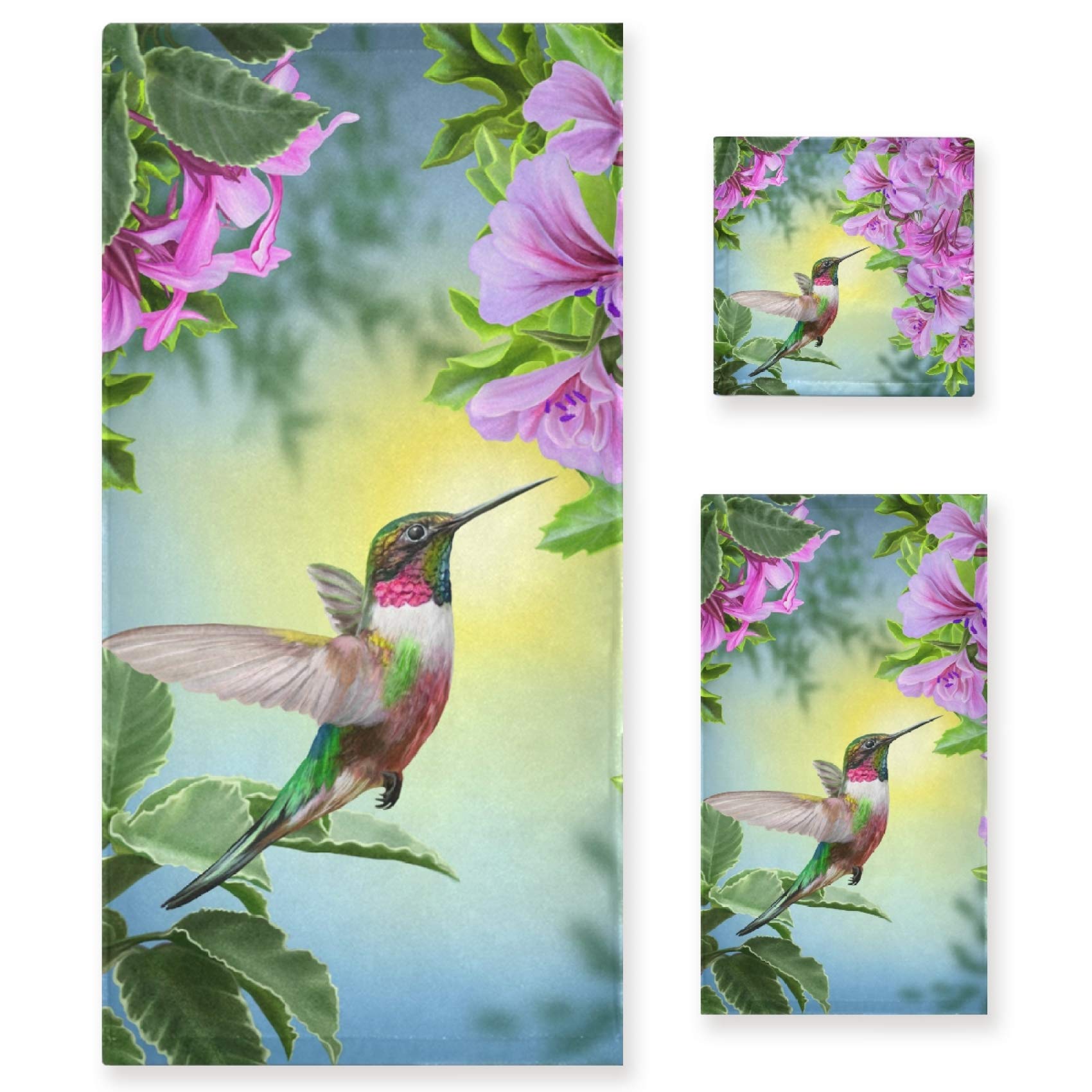Premium Hummingbird Pink Floral & Green Bath Towel Set - 3-Piece Soft, Highly Absorbent Towels (Bath, Hand, Washcloth) for Bathroom, Kitchen, Beach, Gym, Spa & Home Decor