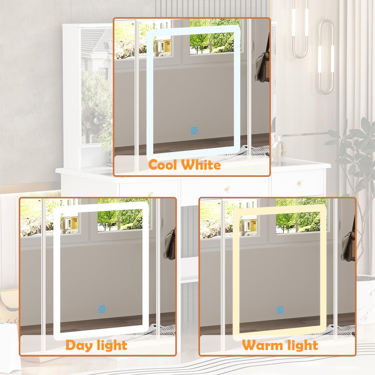 Homsee Modern Vanity Desk with 3 Mirrors & LED Lights - Adjustable Brightness, Glass Top, Hidden Storage & Drawers - White Makeup Dressing Table for Bedroom, Salon, or Beauty Studio