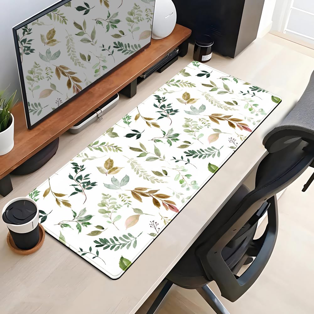 Minimalist Green Keyboard Pad with Nature Dot & Woodsy Leaves Design - Extra Large 31.5x11.8in Mouse Pad for Office, Gaming & Nursery Decor - Non-Slip Computer Laptop Desk Mat with Stitched Edges - Perfect for Workstations, Home Offices & Gaming Setups