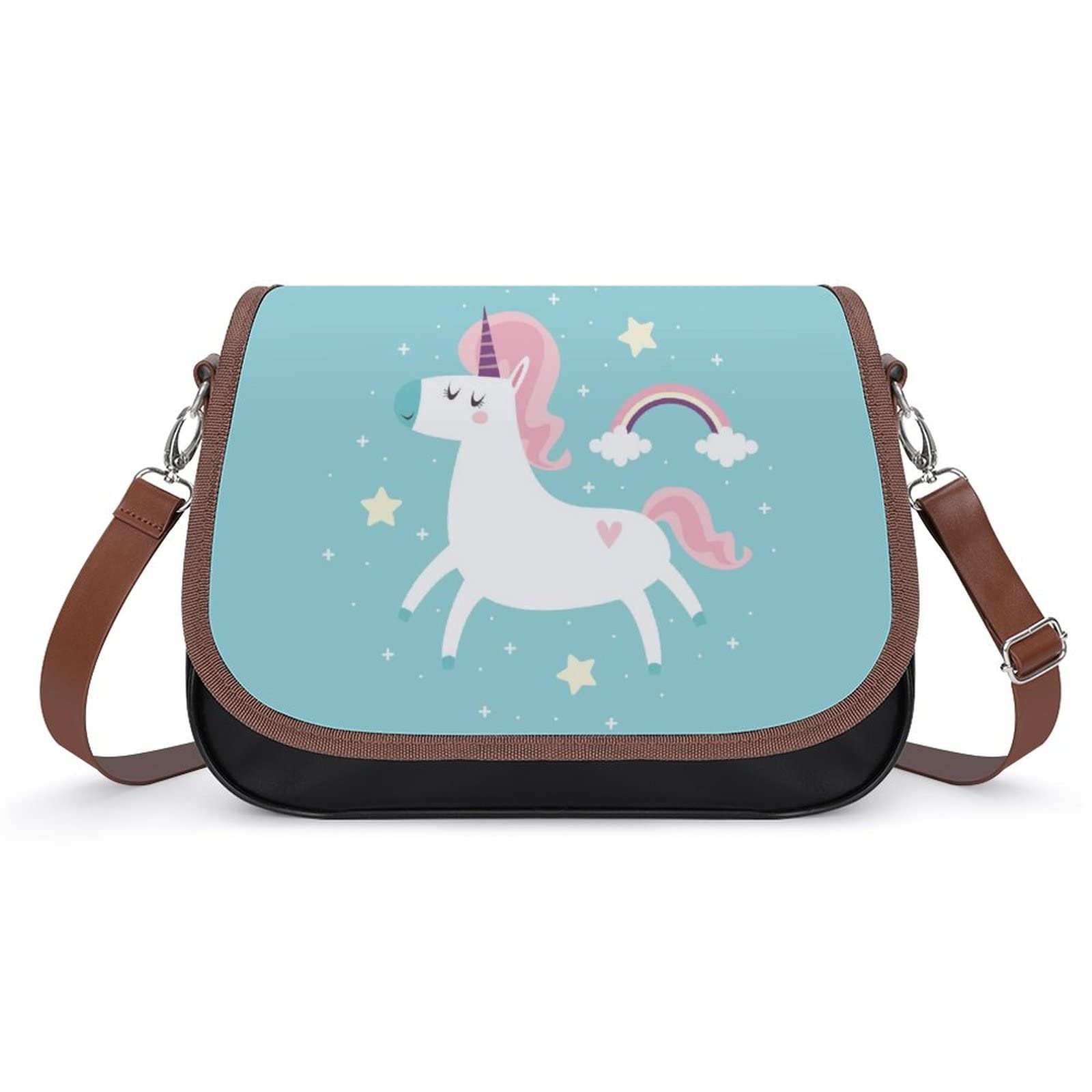 Vintage Leather Crossbody Bag for Women - Turquoise Unicorn Print, Perfect for Daily Use & Travel