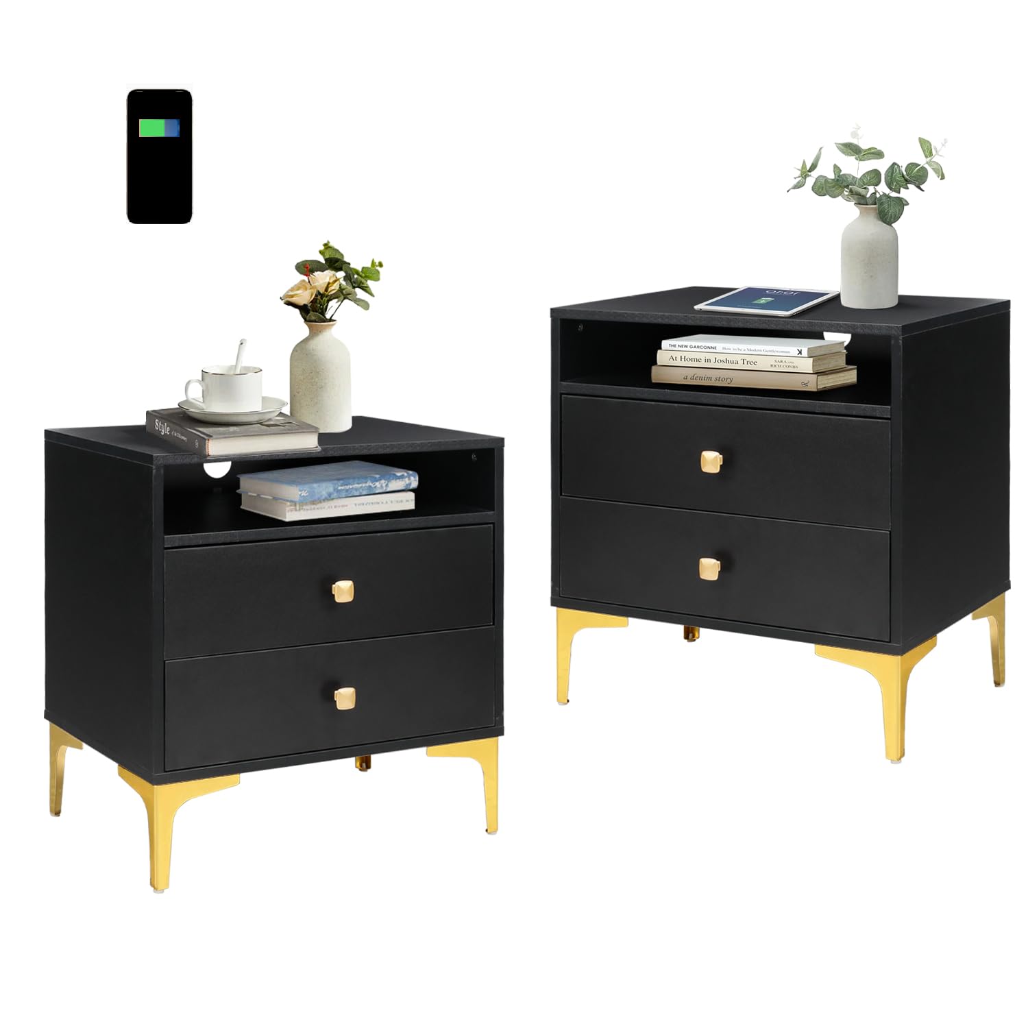AILEEKISS Modern Nightstand Set of 2 with Wireless Charging Station - Wooden Bedside Tables with 2 Drawers & Storage - Black Contemporary Bedroom Furniture for Living Room, Guest Room & Dorm (Perfect for Charging Phones, Storing Books & Bedside Essentials)