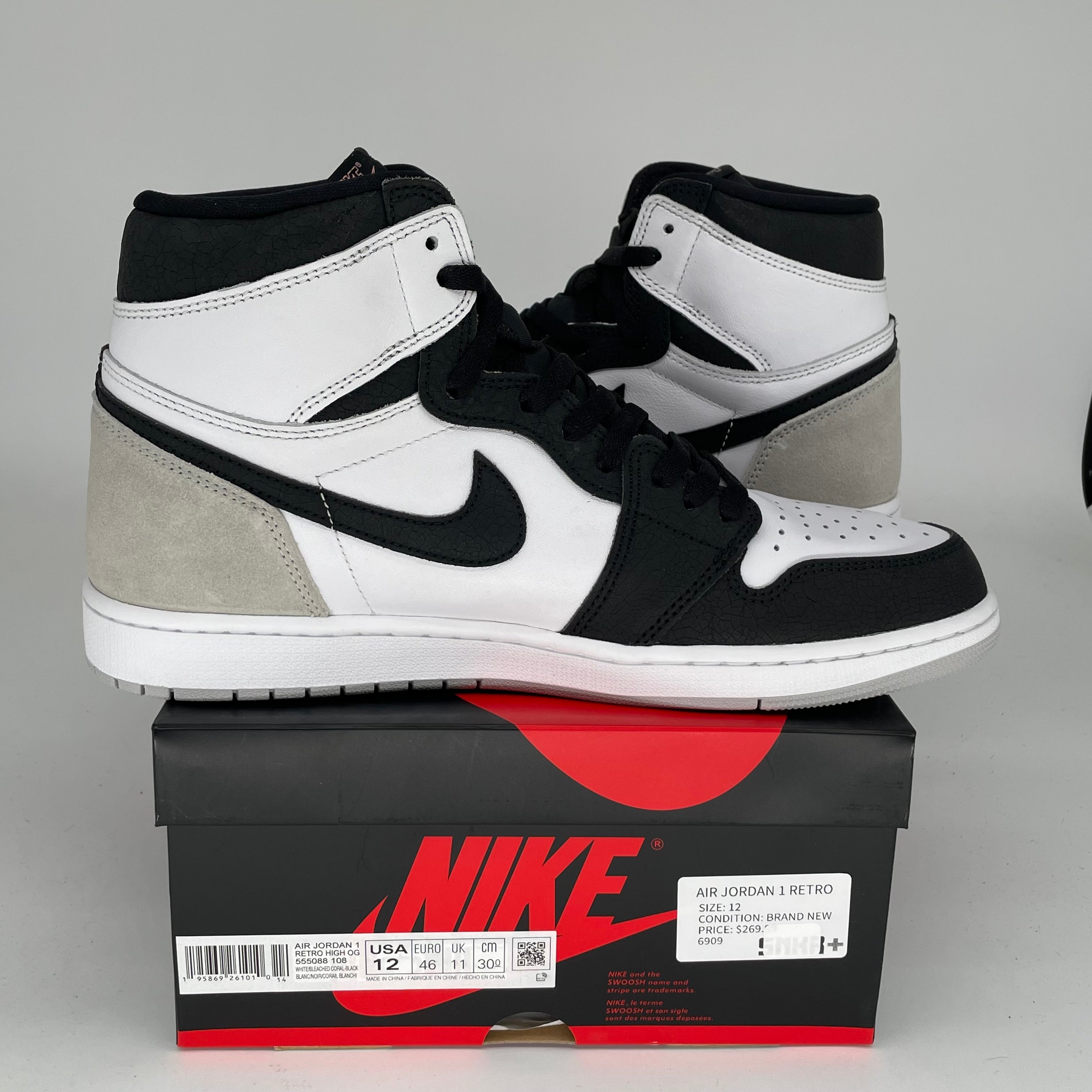 AIR JORDAN 1 BLEACHED CORAL Sneakers - Men's Size 12 (555088-108) - Retro High Top Basketball Shoes for Casual Wear & Street Style