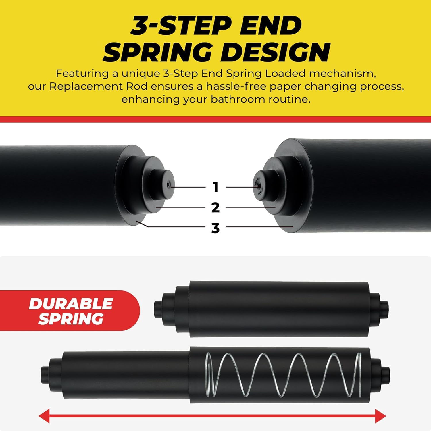 Qualihome Universal Plastic Spring Loaded Toilet Paper Holder Replacement Rod - 1 Pack, Black - Durable Bathroom Accessory for Home, RV & Office Use