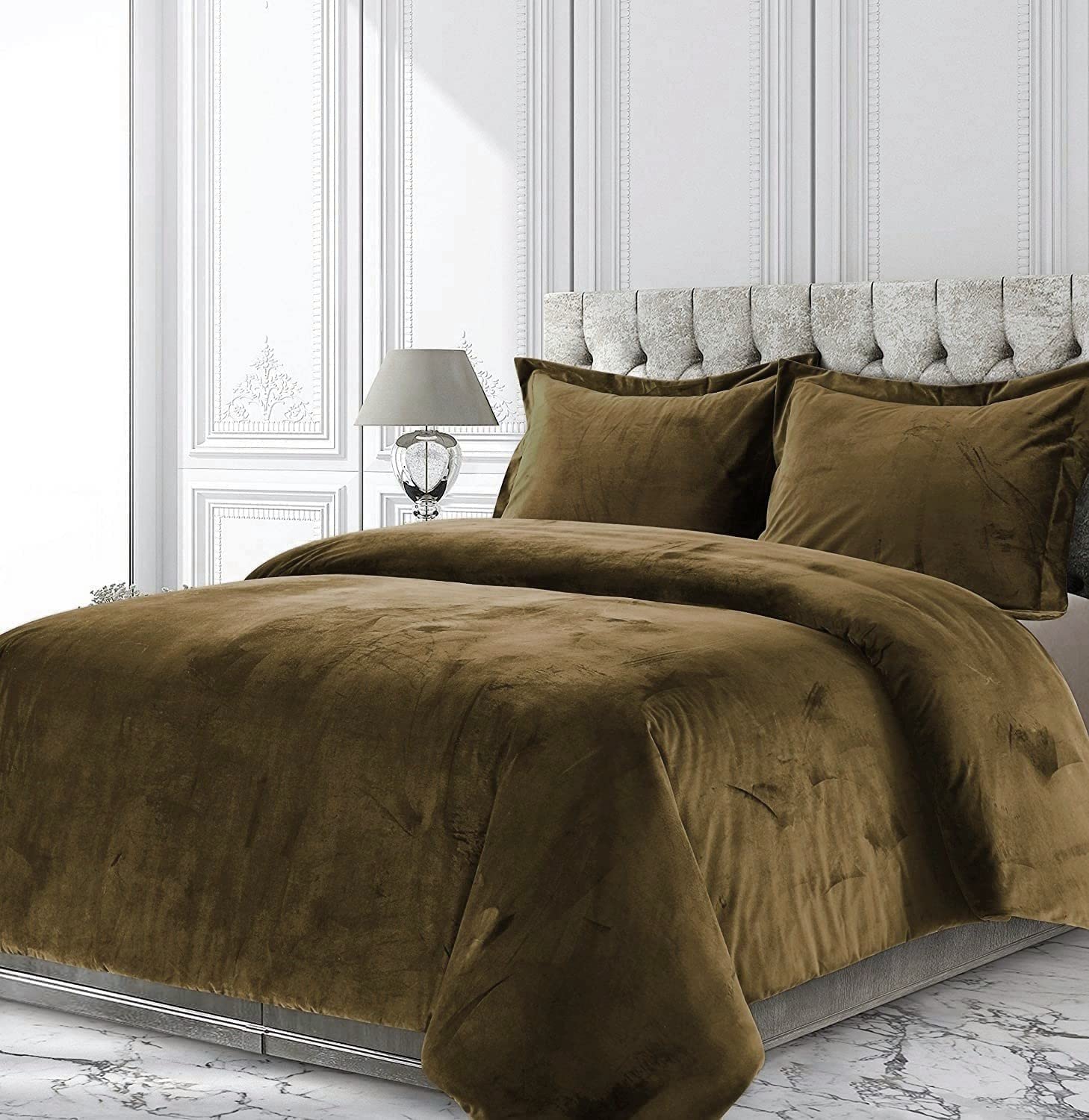 Luxury Velvet Comforter Set King Size 3-Piece - Soft 500 GSM Duvet Insert with 2 Pillowcases, Brown Venice Velvet Bedding for Cozy Winter Nights & Elegant Bedroom Decor