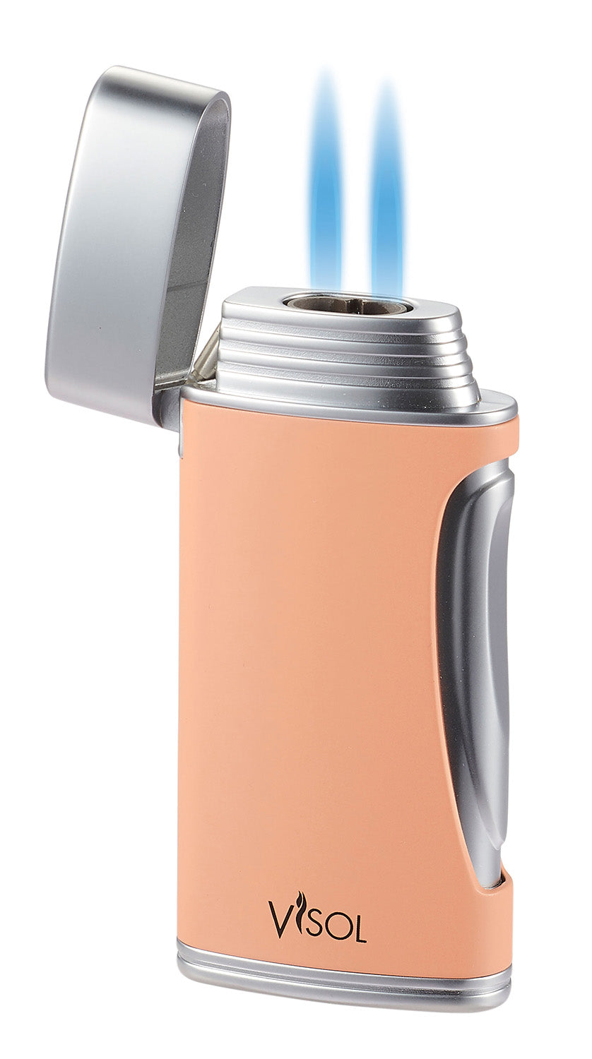 Premium Visol DuoMatt Salmon Double Flame Cigar Lighter - Windproof, Refillable, Perfect for Cigars, Cigarettes & Outdoor Use