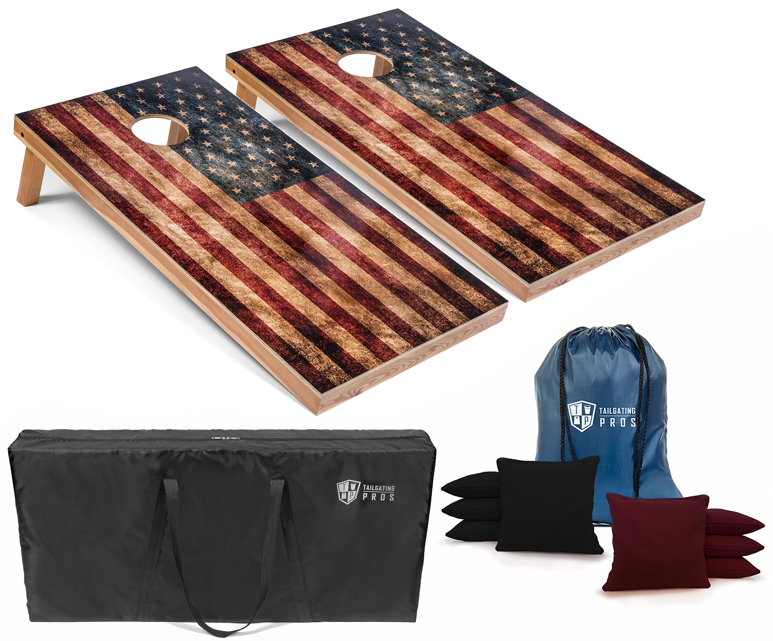 Premium Rustic American Flag Cornhole Boards Set - 4'x2' Distressed Wooden Cornhole Game with 8 Bean Bags & Carrying Case | Perfect for Backyard BBQs, Tailgate Parties, and Outdoor Family Gatherings