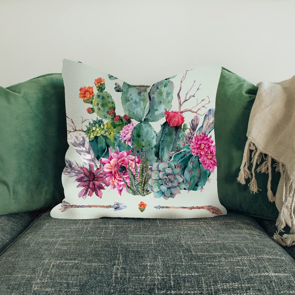 Boho Exotic Cactus Arrow Throw Pillow Cover 18x18 Inches - Decorative Sofa Cushion Case for Living Room, Bedroom & Outdoor Patio Decor