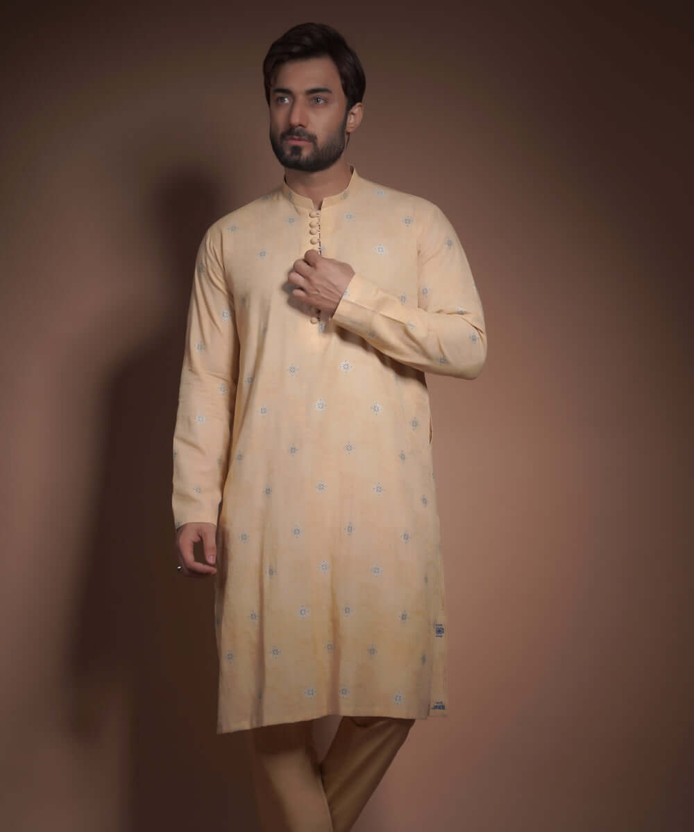 Dark Yellow Cotton Jacquard Kurta for Men - Traditional Indian Tunic with Embroidery - Perfect for Festivals, Weddings & Casual Wear