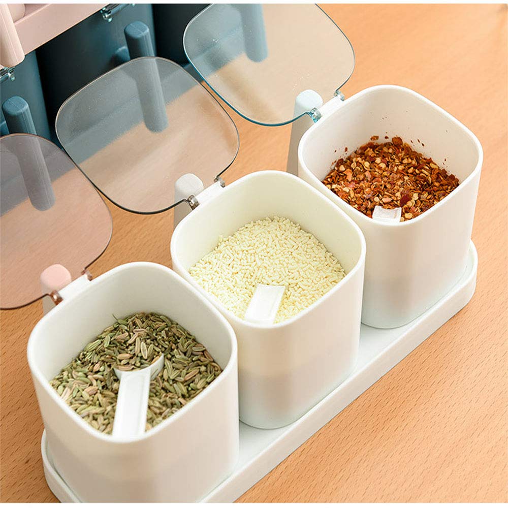 White Spice Jar Set with Cover & Spoon - 3-Piece Kitchen Storage for Seasonings & Condiments