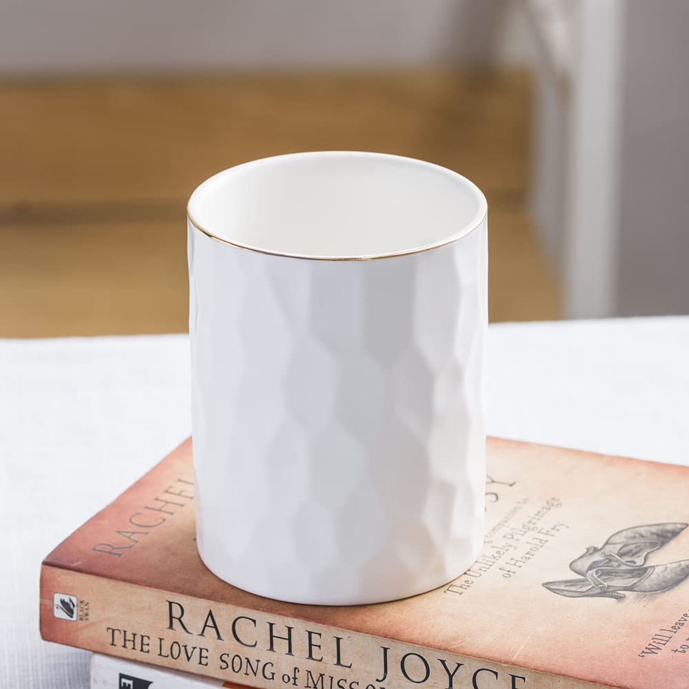 Ceramic Round Irregularly Shaped Pen Holder - Cute White Pencil Cup for Desk Organizer, Makeup Brush Holder - Perfect for Office, Home & School Use (White)