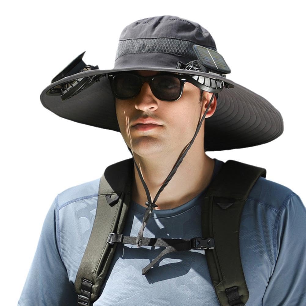 Men's Wide Brim Solar Fan Outdoor Fishing Hat with 2 Cooling Fans - UPF 50+ Sun Protection, Adjustable Headband, Grey (Medium-Large) - Perfect for Fishing, Hiking, Gardening & Summer Outdoor Activities