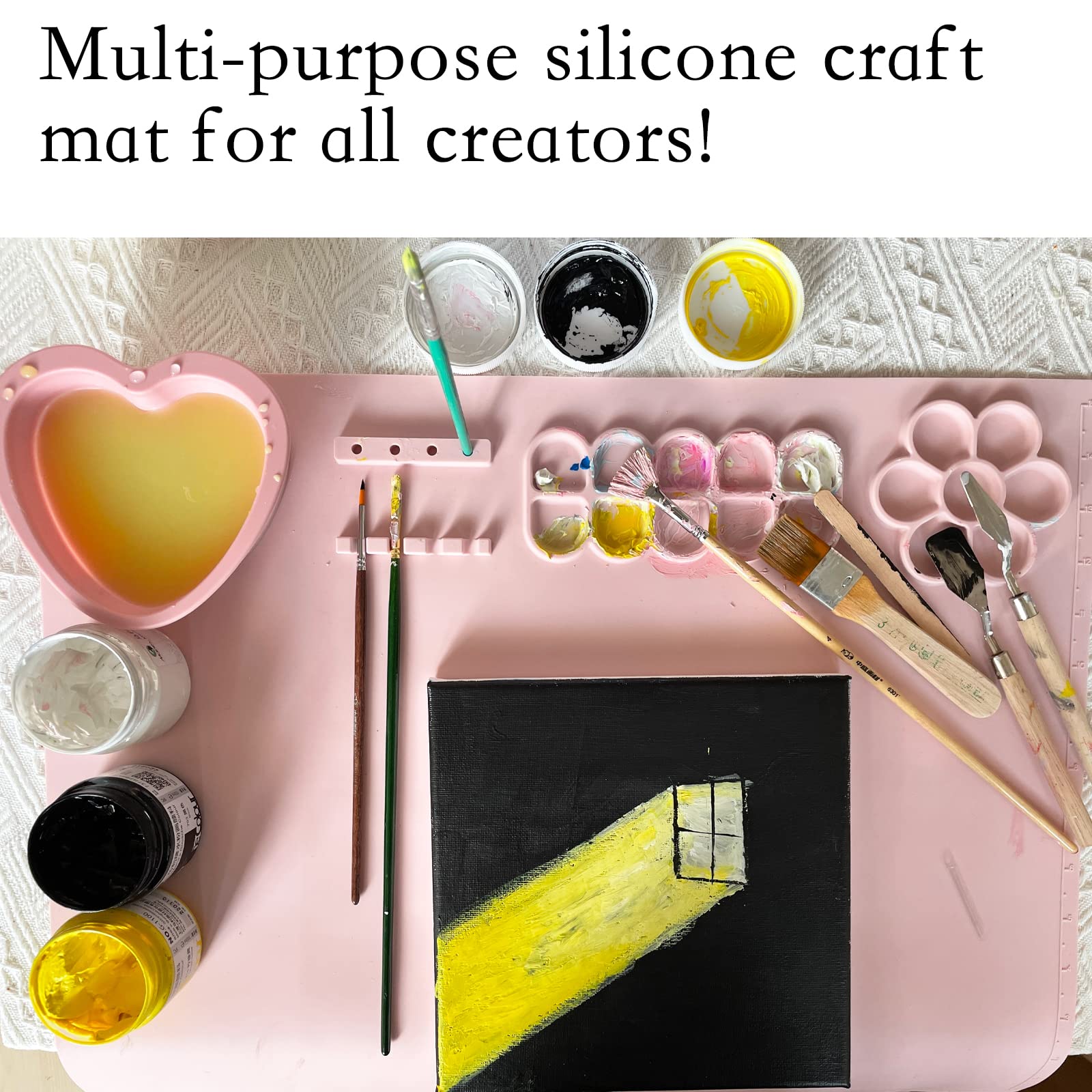 Premium Silicone Painting Mat with Cup & Paint Holder - 20x16 Inch Non-Slip Art Mat with Brush Set for Artists, Kids Crafts, Resin Casting - Ideal for DIY Projects, Home Decor & Classroom Activities (2-Pack, Grey-Purple & Pink)