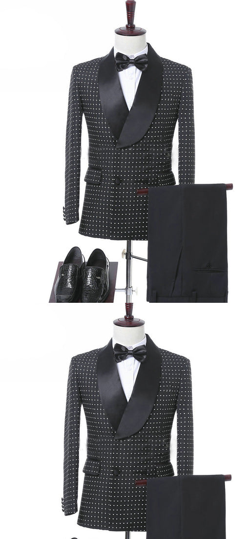 African Men's Wedding Suit & Blazer Set - Black Dot Formal Two-Piece Outfit (Jacket + Pants) for Groom, Special Occasions & Evening Events