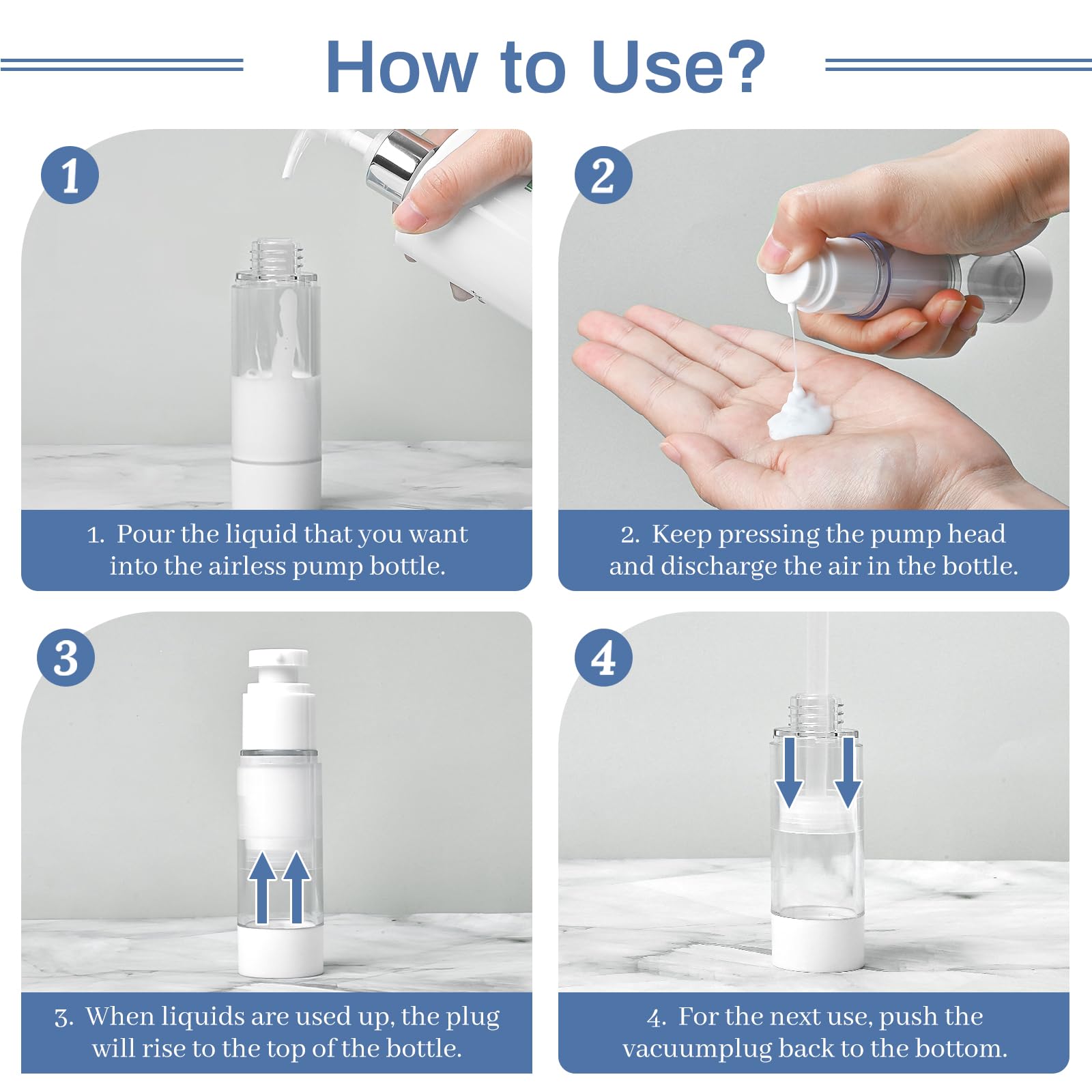 TUZAZO 6 Pack 1 Oz/30 ML Clear Airless Pump Bottles - Refillable Travel Size Plastic Cosmetic Containers for Foundation, Cream, Shampoo & Lotion - Perfect for Toiletry Kits, Makeup Organizers & Skincare Storage