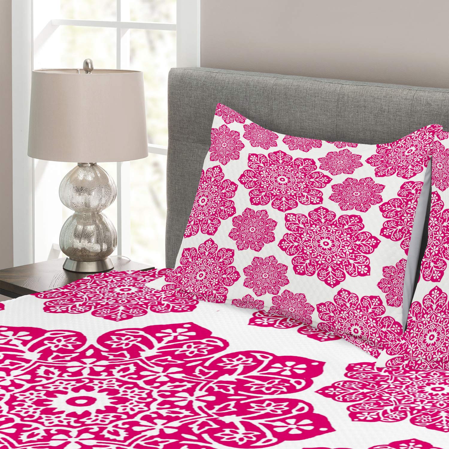 Ambesonne King Size 3-Piece Hot Pink Bedspread Set with Batik Floral Mandala Design - Eastern Inspired Bedding Coverlet & 2 Pillow Shams in White & Pink | Perfect for Bohemian Bedroom Decor, Guest Room Makeover, or Meditation Space Accent