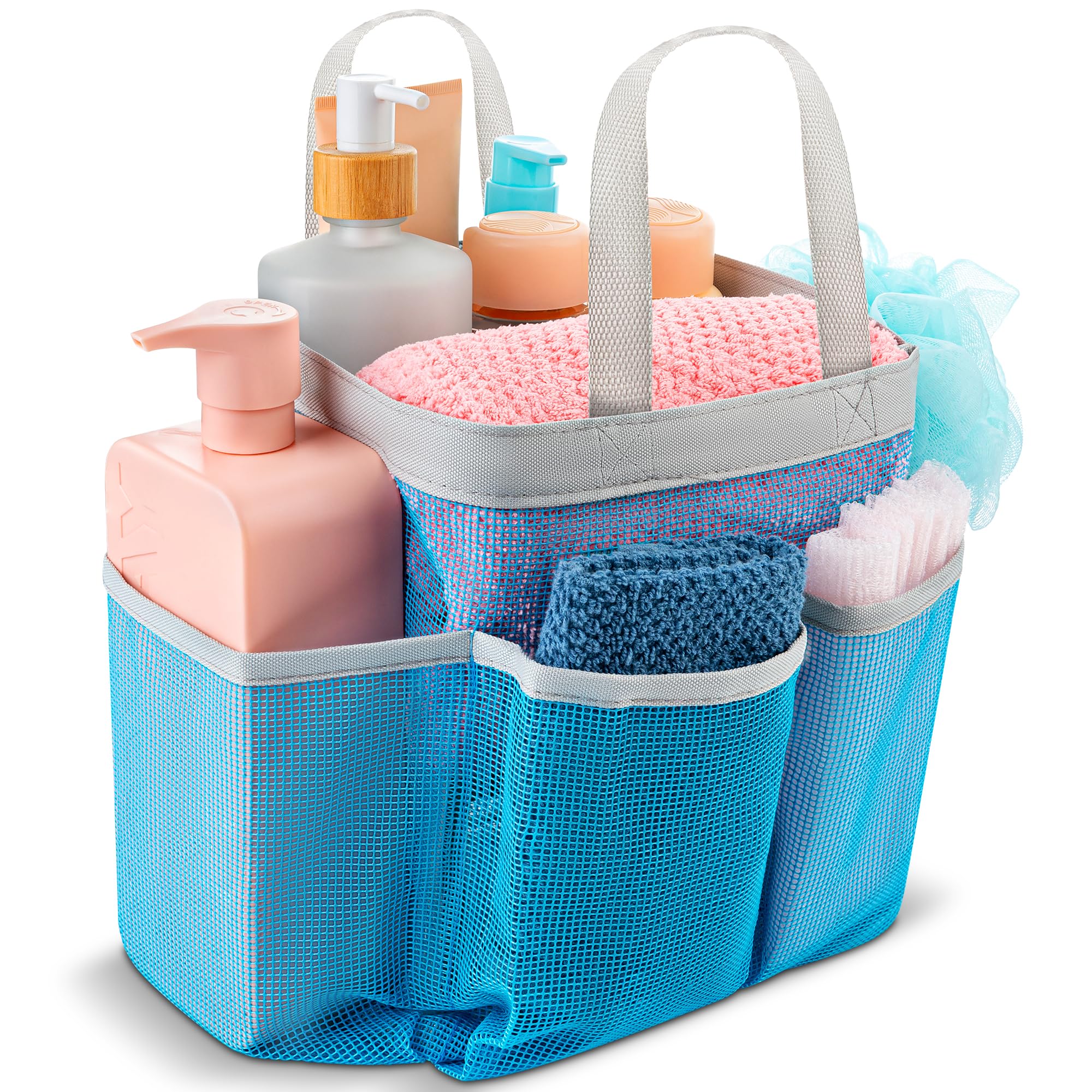 Collapsible Mesh Shower Caddy Bag - Portable Bathroom Organizer for Travel, Gym & Dorm | Waterproof Hanging Toiletry Bag for College Essentials | Perfect for Camping, Beach Trips & Small Space Organization (Blue)