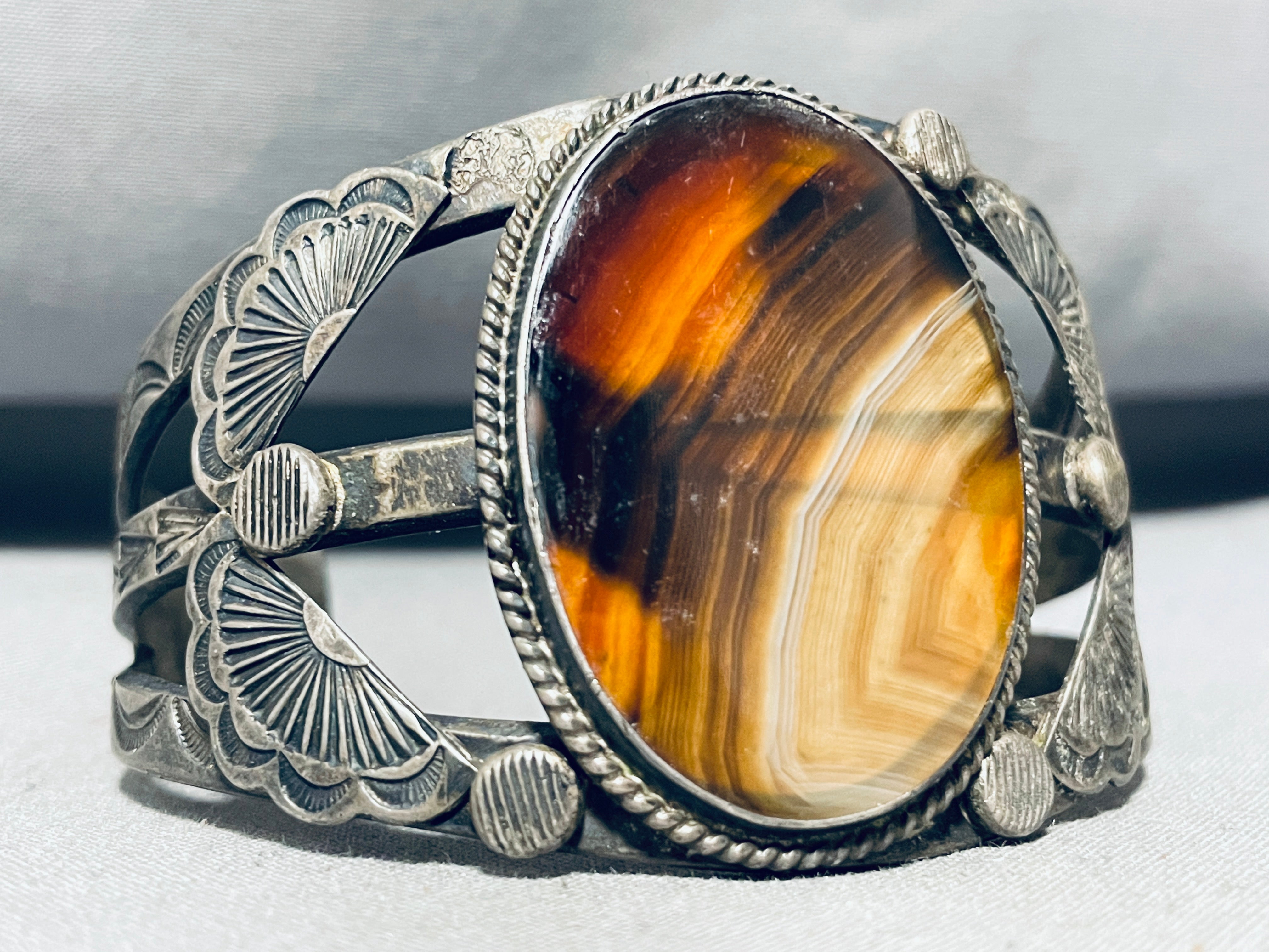 Vintage 1940s Navajo Sterling Silver Bracelet with Petrified Wood - Authentic Native American Jewelry for Collectors & Boho Fashion