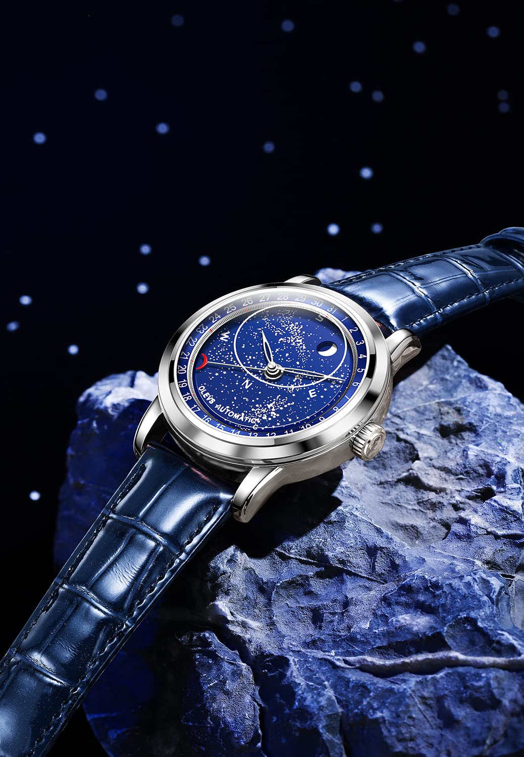 OLEVS Men's Automatic Mechanical Watch - Starry Sky Moon Phase, Blue Leather Strap, Luxury Dress Watch, Waterproof & Luminous - Perfect for Business, Formal Events & Gift Giving