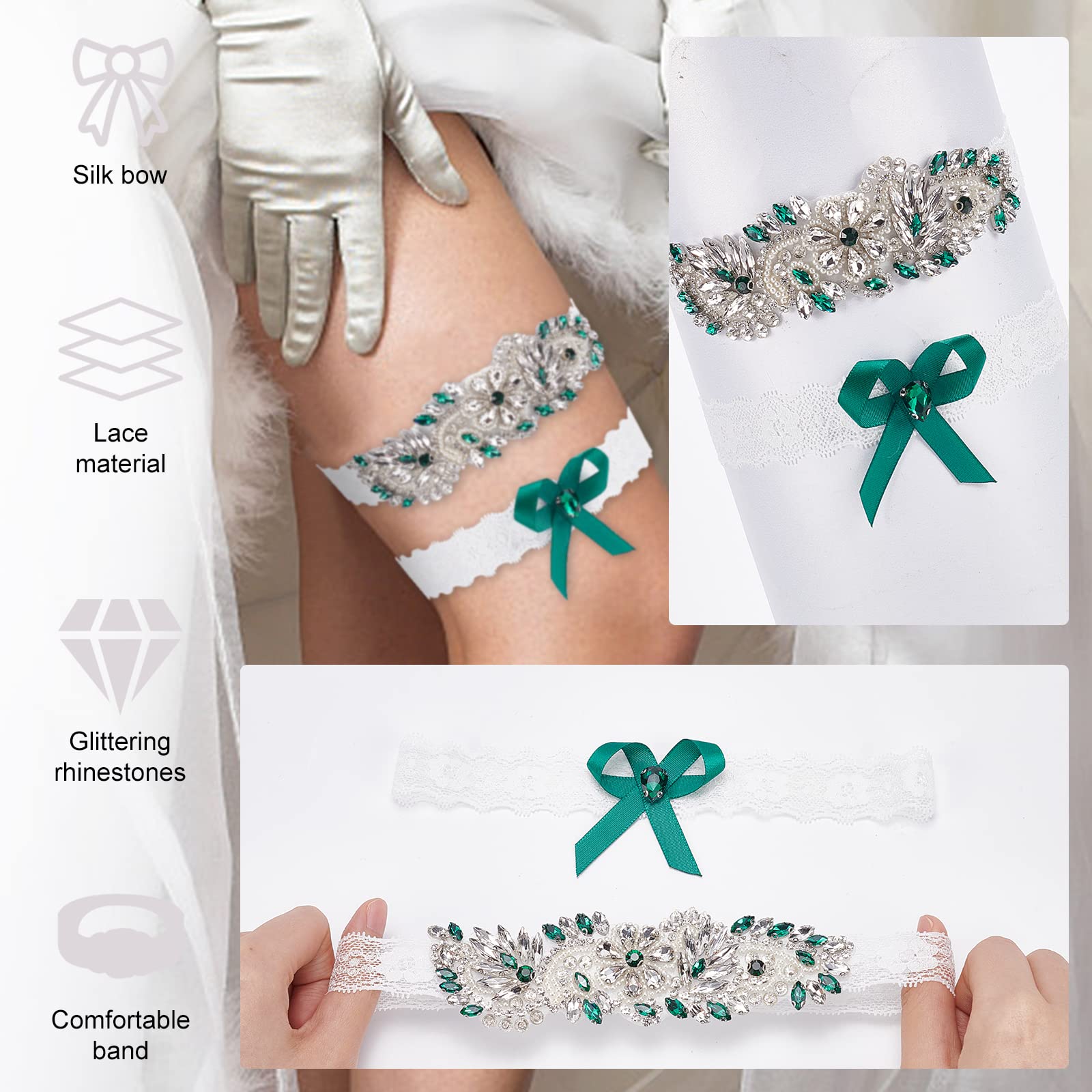 WEBEEDY 2Pcs Rhinestone Wedding Garter Set - Stretch Lace Bridal Garter Belt with Sparkling Rhinestones, Elegant Green Lace Leg Garter for Bride - Perfect for Wedding, Boudoir, Bridal Shower & Photo Shoots