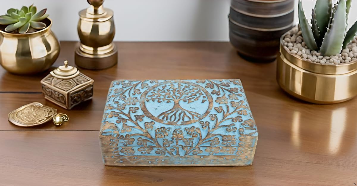 Handmade Wooden Jewelry Box with Tree of Life Carving - Jewelry Organizer, Keepsake Box, Treasure Chest for Women - Perfect Birthday, Housewarming Gift - Watch & Trinket Storage with Lock - Ideal for Home Decor, Travel & Special Occasions