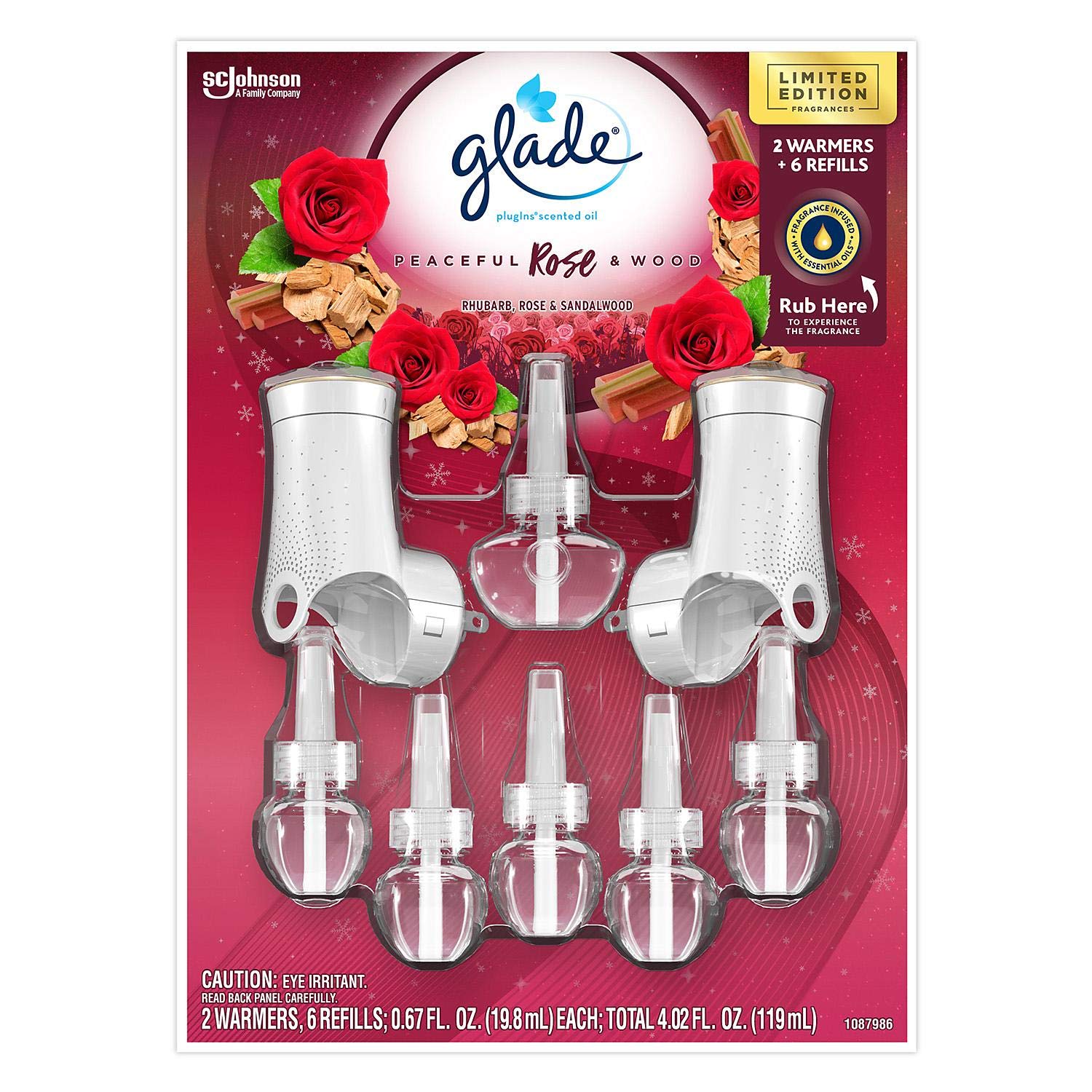 Glade PlugIns Scented Oil Warmer with 6 Refills - Peaceful Rose & Wood Fragrance for Home, Office & Bedroom Aromatherapy