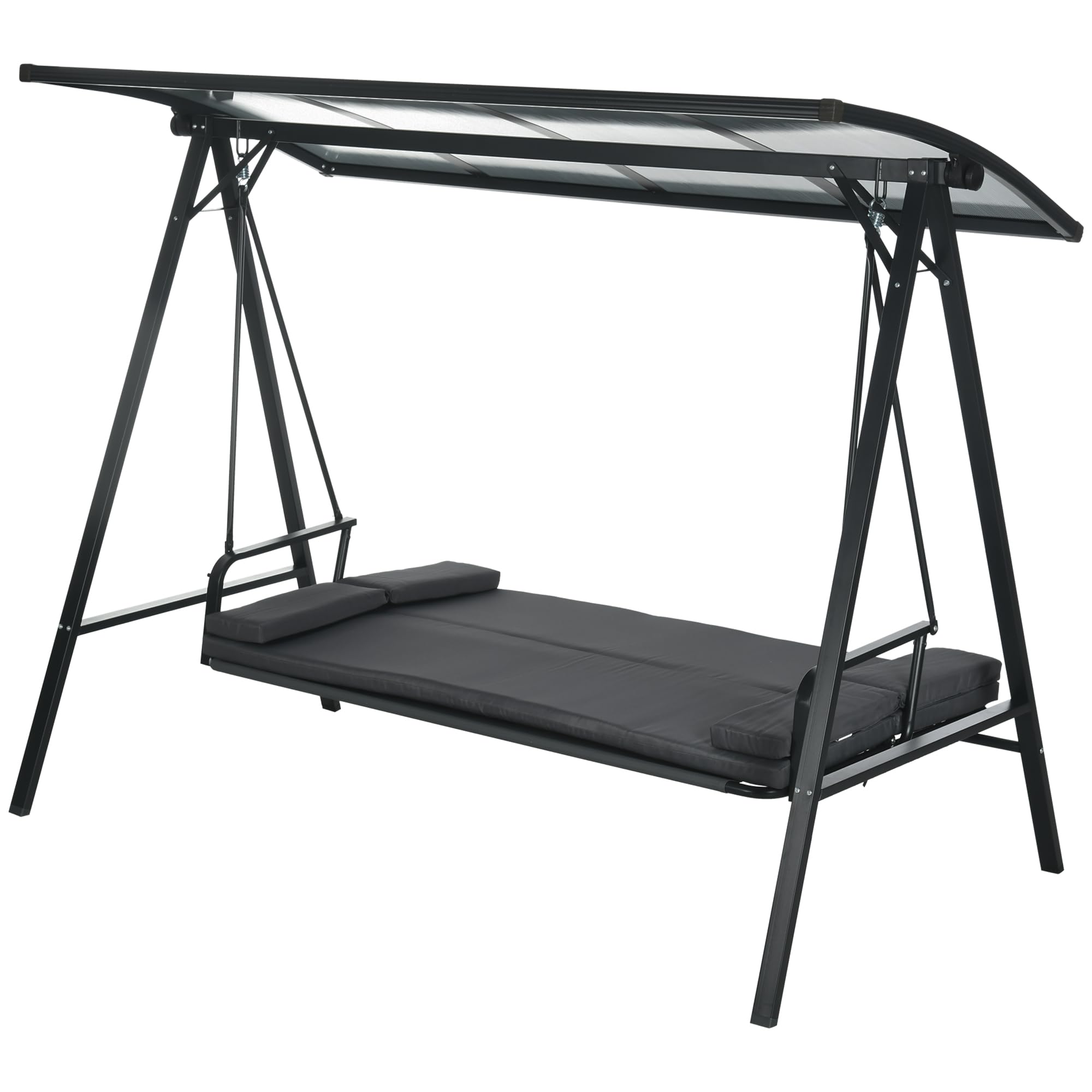 Outsunny 3-Seater Patio Swing Chair with Cushions - Convertible Outdoor Daybed & Adjustable Polycarbonate Canopy Sunshade - Weather-Resistant Gray Swing for Porch, Garden, Backyard - Perfect for Relaxing, Lounging & Sunbathing