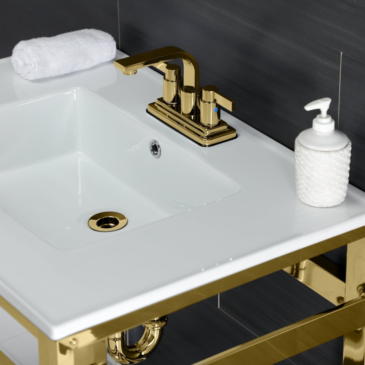31 x 22 Inch Modern Ceramic Bathroom Console Table with Steel Frame & Tempered Glass Shelf - 4 Inch, 3 Hole Design - Perfect for Small Bathrooms, Powder Rooms & Vanity Storage