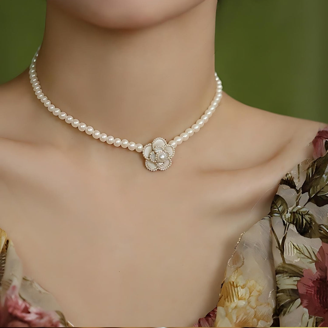 Pearl Bead Camellia Choker Necklace for Women - Elegant Floral Pearl Necklace Jewelry Gift (HN2357) | Perfect for Weddings, Parties, and Special Occasions