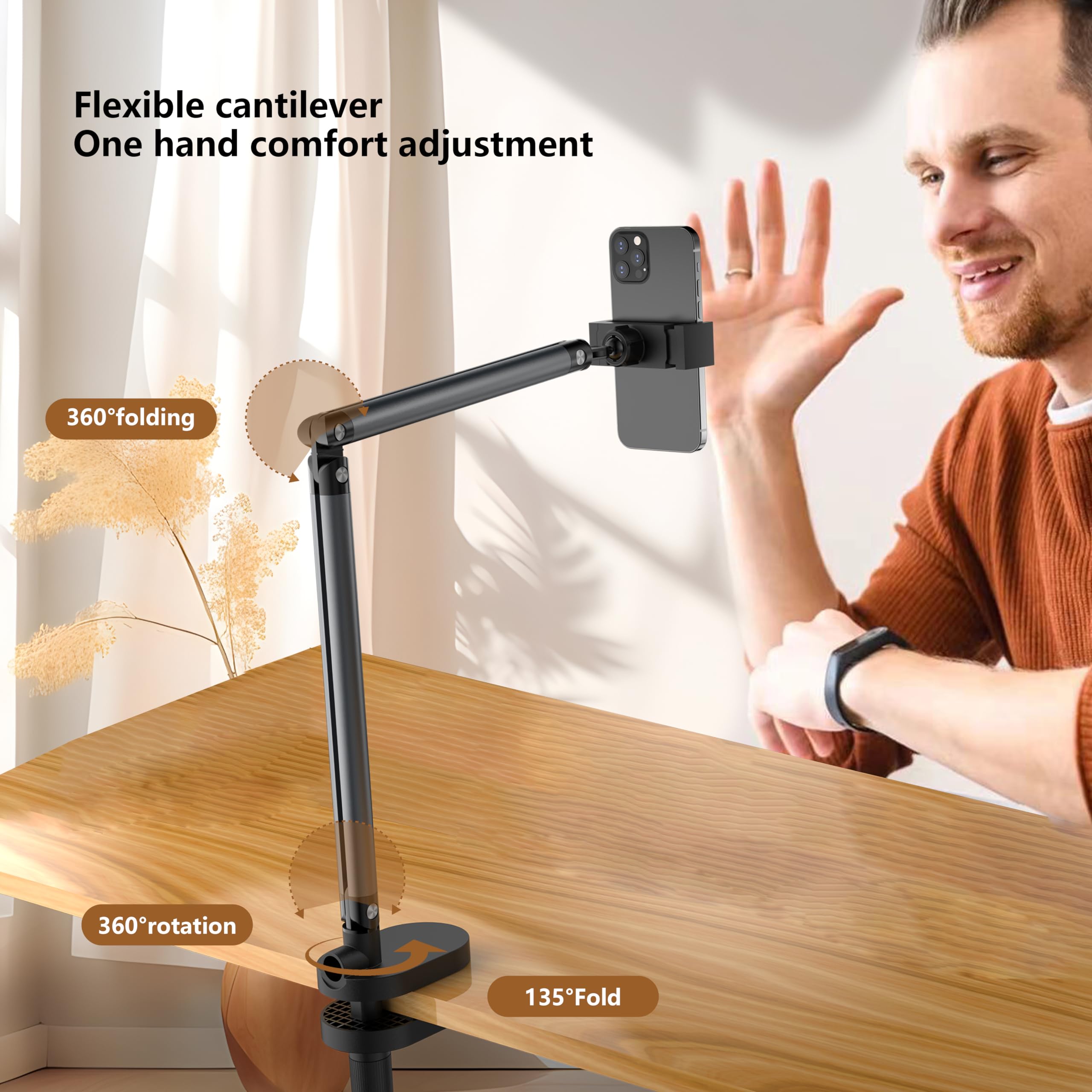 Adjustable Height Phone Stand for Desk - Foldable & Portable Cell Phone Holder for iPhone, Samsung Galaxy & All Smartphones - Perfect for Office, Home & Travel (Black-CT360)