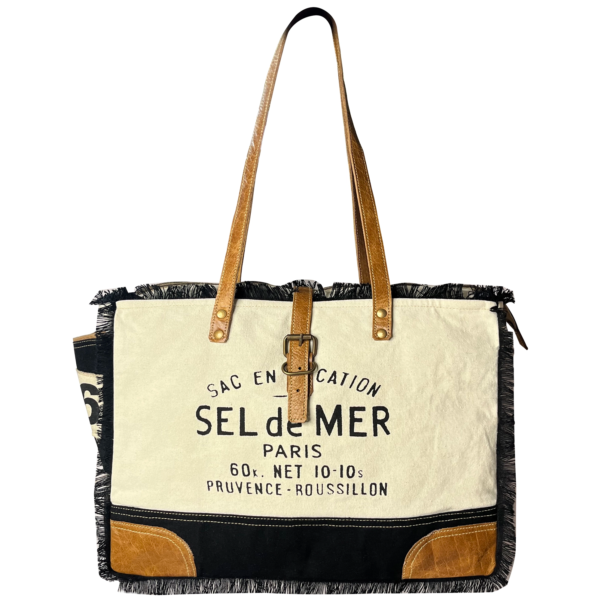 Stylish Leather Canvas Tote Bag for Women - Sel de Mer French Inspired Shoulder Bag in Black | Perfect for Work, Travel & Beach Day Essentials