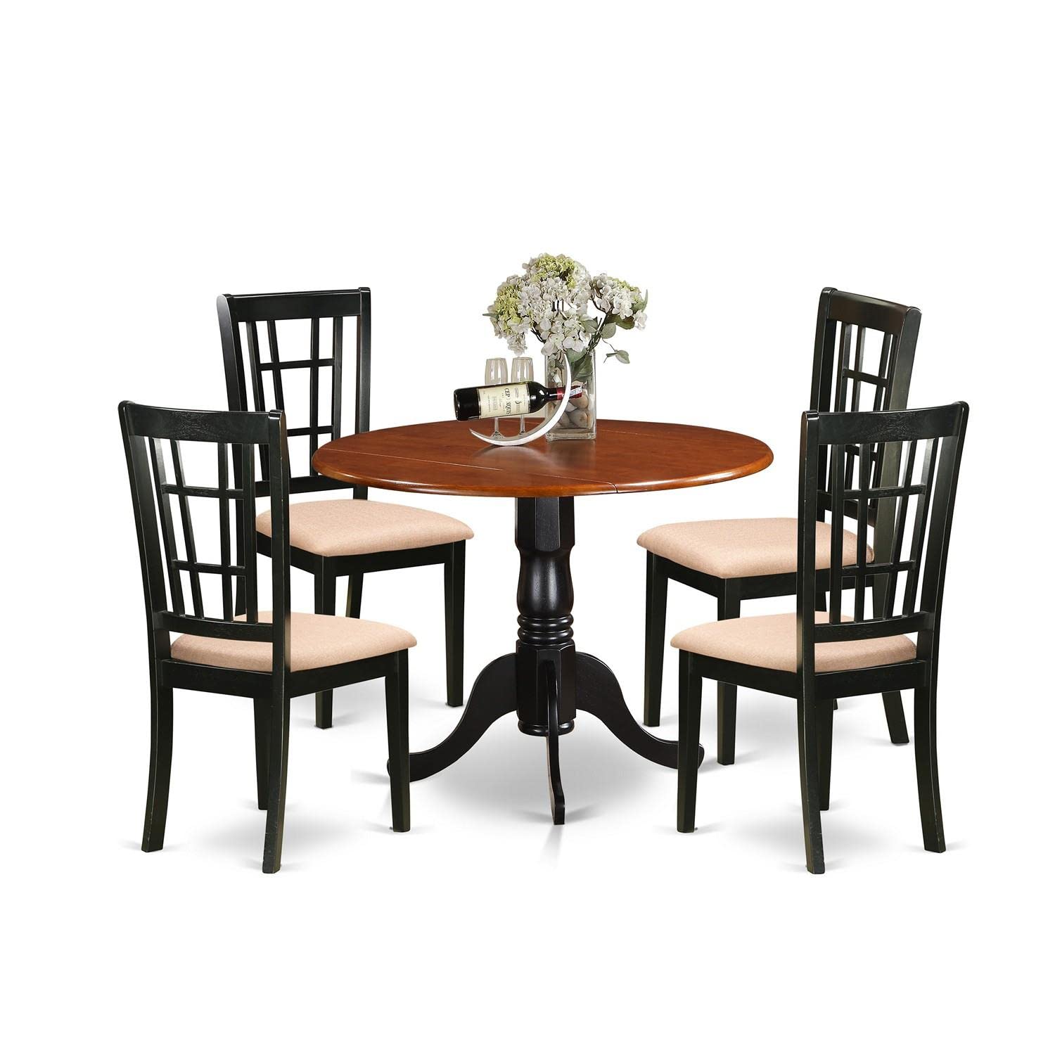 East West Furniture DLNI5-BCH-C 5-Piece Round Dining Table Set with Drop Leaf & 4 Upholstered Chairs - 42x42 Inch, Black Cherry Finish - Perfect for Small Spaces, Breakfast Nooks & Cozy Dining Rooms