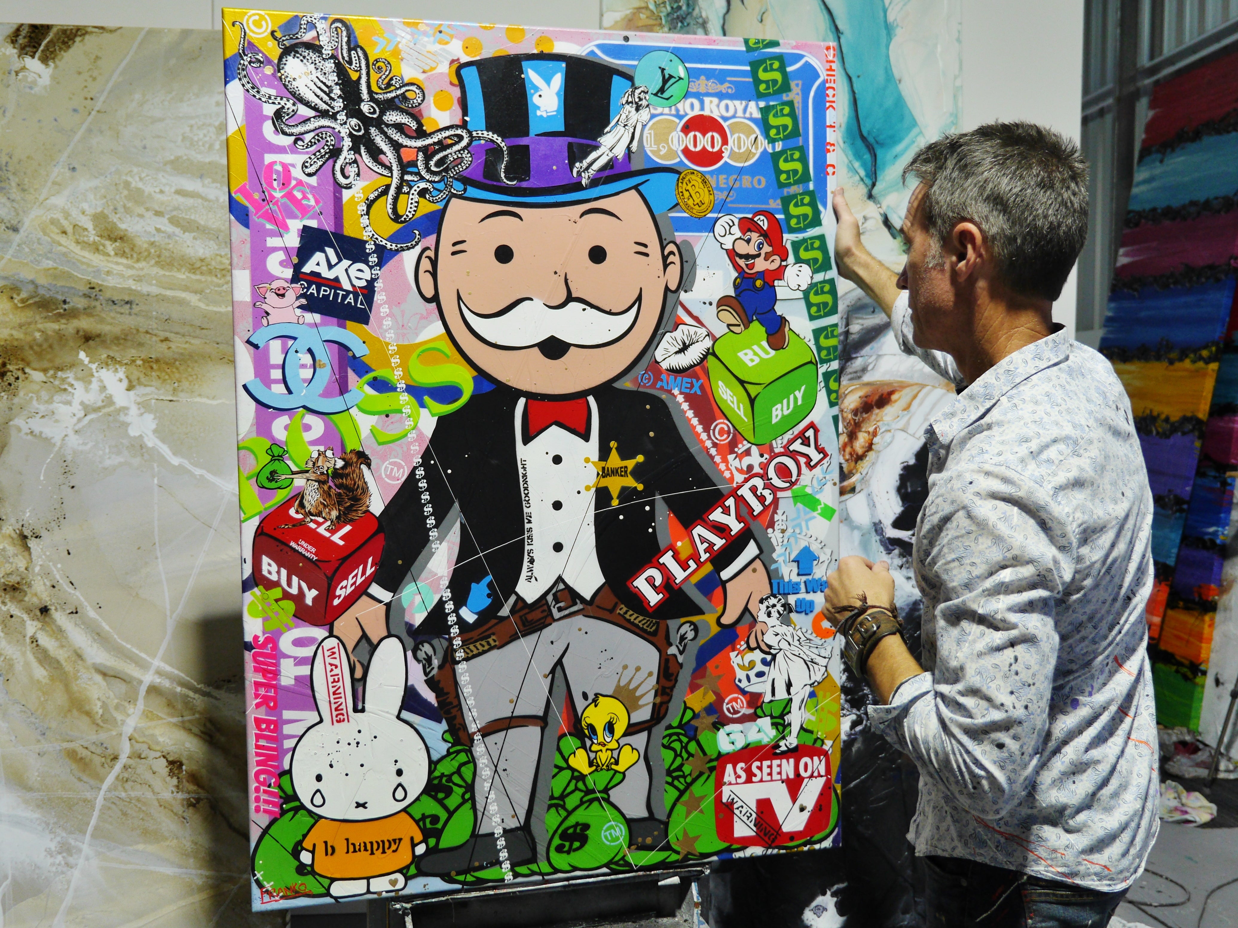 100cm x 140cm Monopoly Man Textured Urban Pop Art Spray Paint Canvas - Modern Wall Decor for Living Room, Office & Game Room