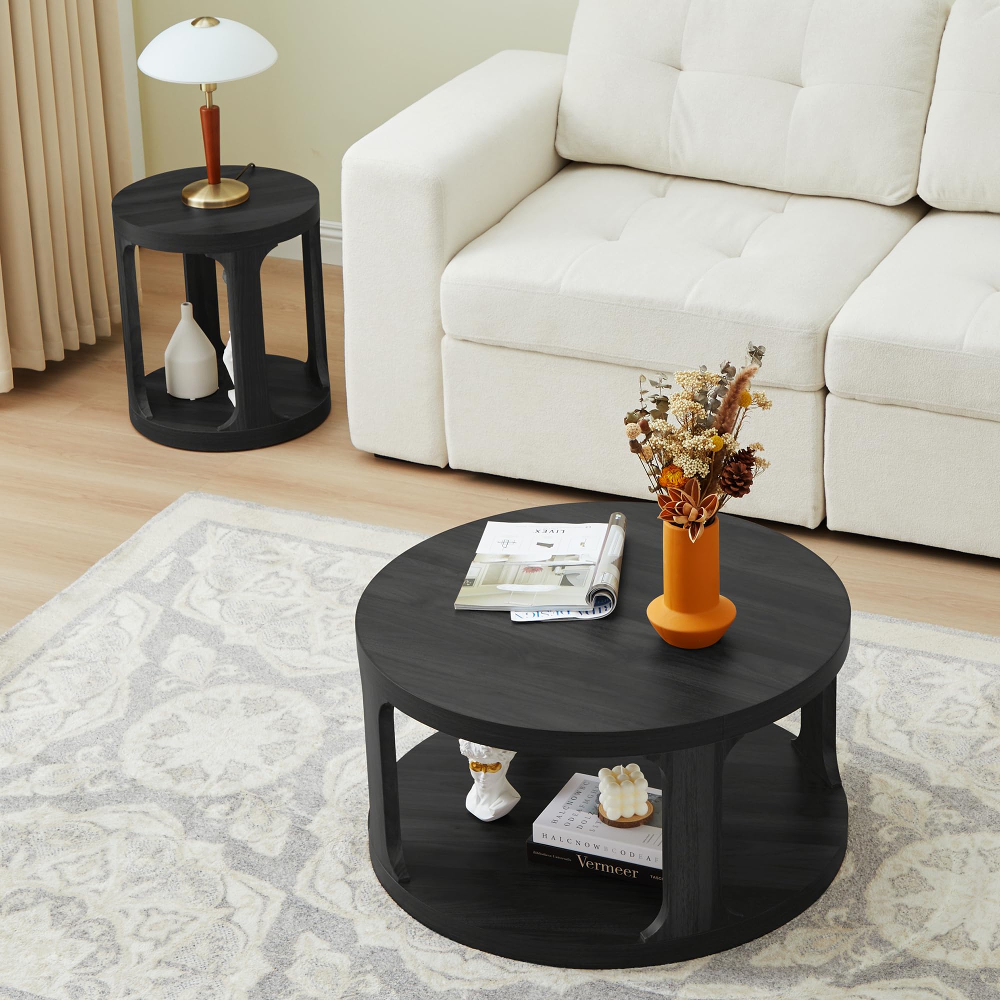 Modern Round Nesting Coffee Table Set of 2 with Storage Shelf - Space-Saving Side Table for Living Room, Bedroom, Apartment & Home Office - Perfect for Small Spaces & Coffee Time (Black)