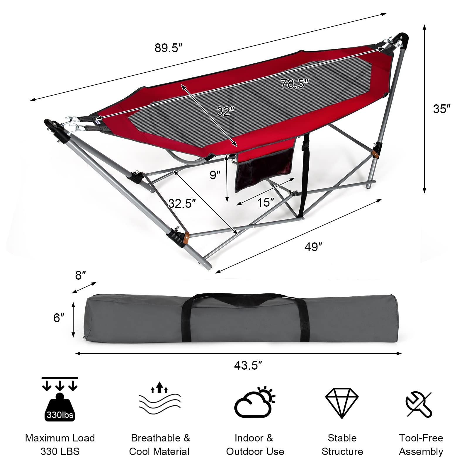 Giantex Portable Folding Hammock with Stand - Heavy Duty Camping Bed for Indoor & Outdoor Use, Patio, Yard, Beach - Includes Side Pocket & Anti-Tip Buckles, Sturdy Iron Frame (Red) - Perfect for Relaxing, Lounging, Camping Trips and Backyard Getaways