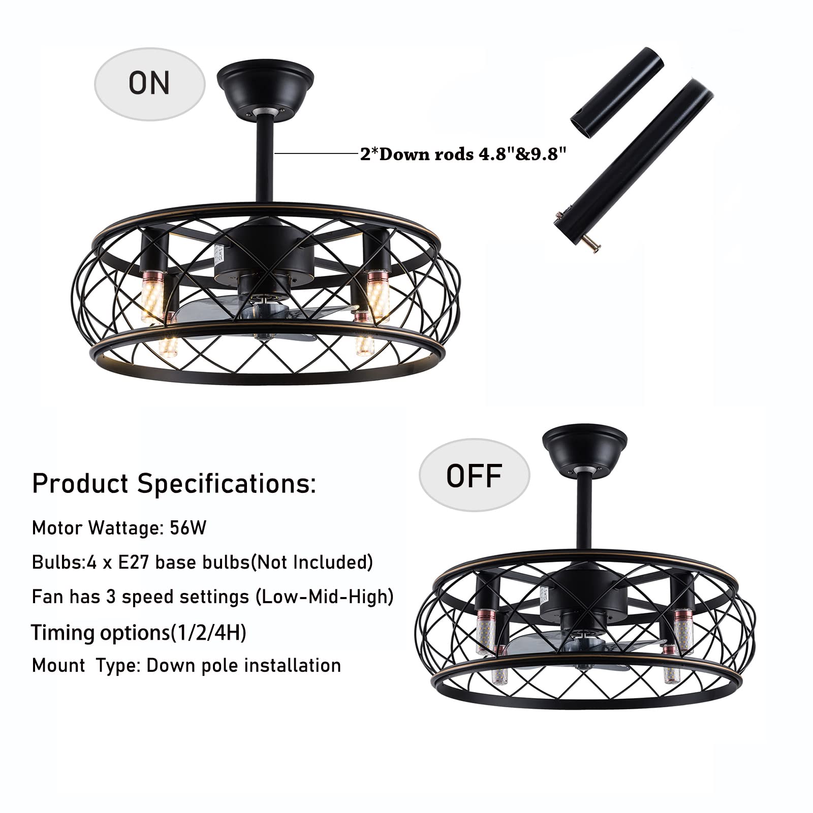 18 Inch Enclosed Bladeless Ceiling Fan with Light - Industrial Style Farmhouse Ceiling Fan with Remote Control, 3 Speed Adjustable - Perfect for Living Room, Bedroom, Kitchen & Office Spaces
