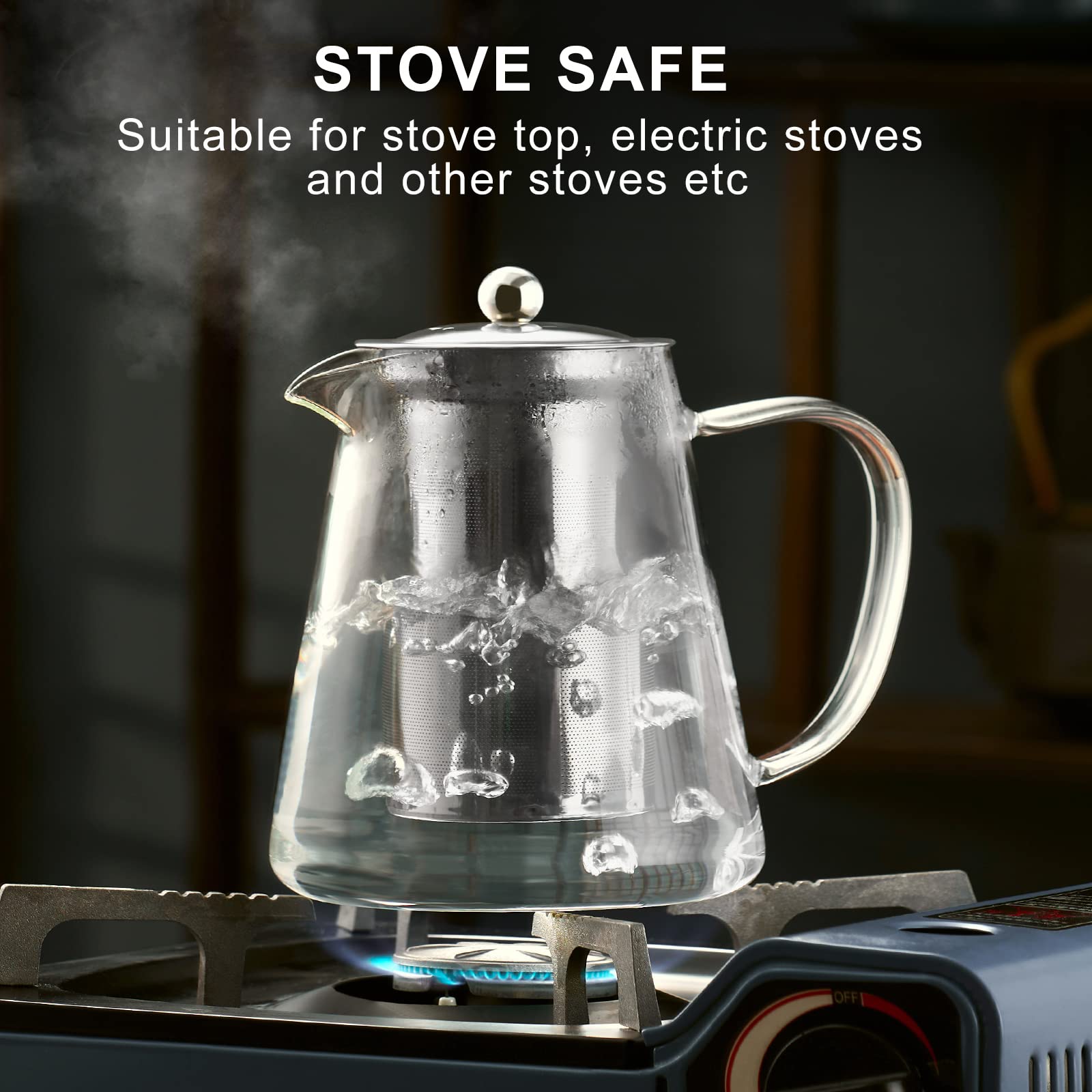 PARACITY 18.6 OZ Borosilicate Glass Teapot with Removable Stainless Steel Infuser - Clear Stovetop Tea Kettle for Blooming & Loose Leaf Tea - Perfect for Home, Office, Camping & Travel (550ML)