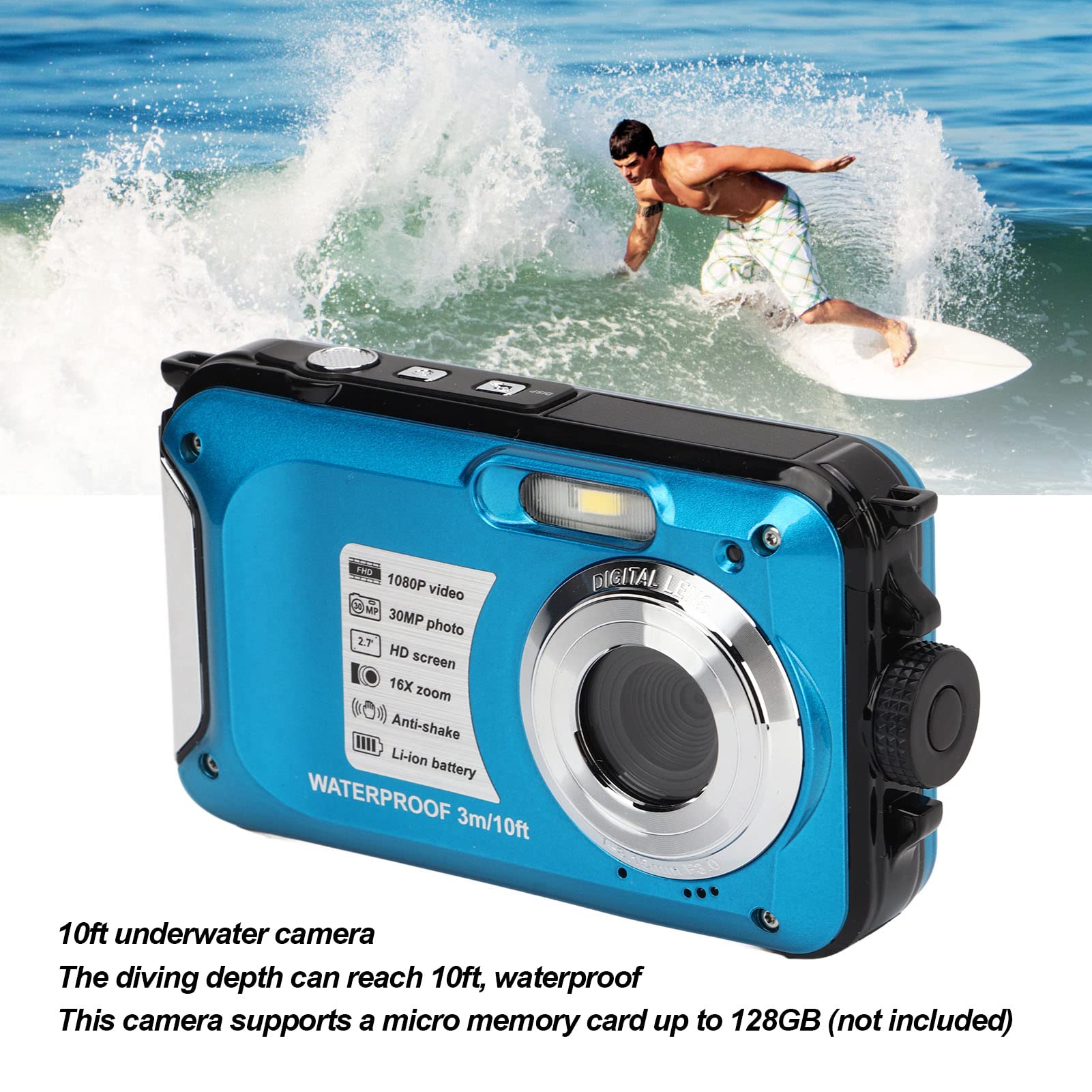 Waterproof Digital Camera 30MP 1080P HD Underwater Camera with 16X Zoom & 10FT Depth for Snorkeling, Diving, Swimming - Perfect for Outdoor Adventures, Beach Vacations and Underwater Photography