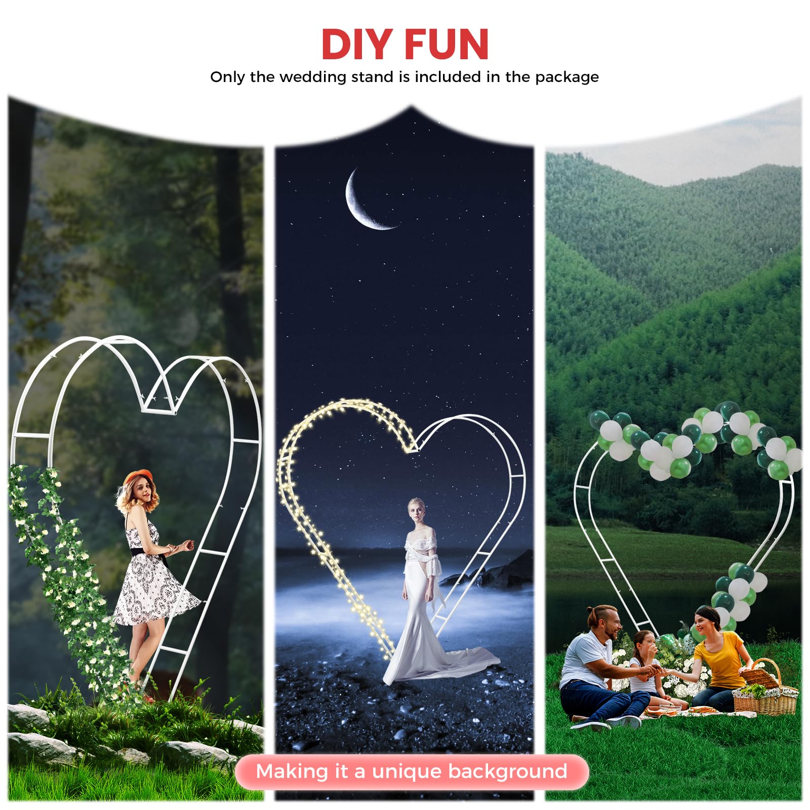 Gdrasuya10 White Metal Wedding Arch Backdrop Stand - Dual Tube Circle Arch with Heart Shape Frame for Floral Balloon Decorations | Perfect for Outdoor Wedding Ceremony, Engagement Photo Shoot, and Garden Party Decor