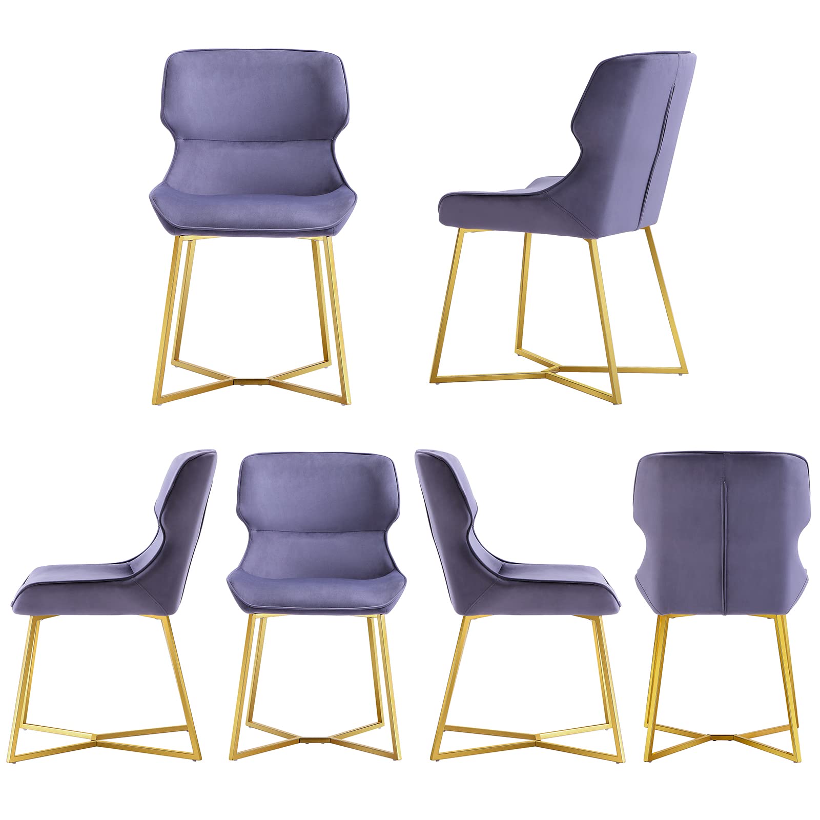 AZhome Grey Velvet Accent Chair Set of 6 - Mid-Back Vanity Chair with Golden Base for Living Room, Bedroom & Home Office - Comfortable Desk Chair for Makeup, Reading & Relaxing