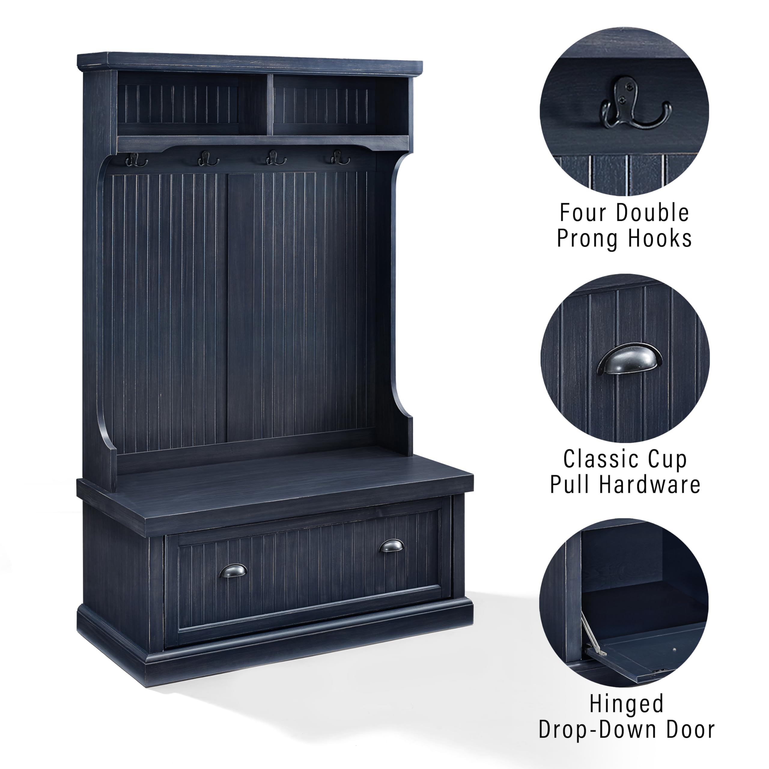 Crosley Furniture Seaside Hall Tree with Shoe Rack Bench & Coat Hooks - Entryway Storage Organizer with Distressed Navy Finish | Perfect for Small Spaces, Mudrooms, and Home Entry Organization