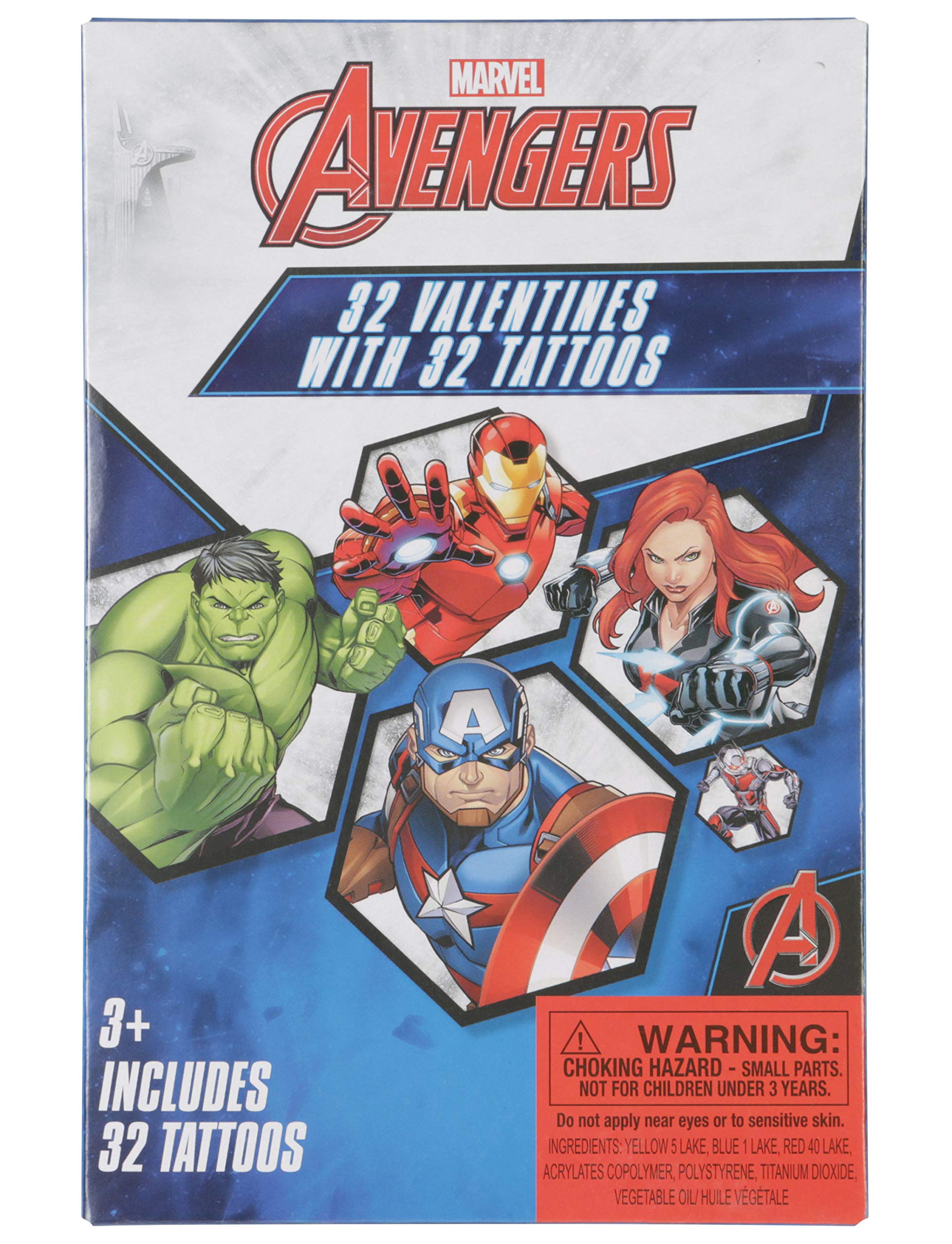 Marvel Avengers 32 Valentine's Day Cards with Temporary Tattoos - Superhero Themed Greeting Cards for Kids, Classroom Exchange, Party Favors & Gifts