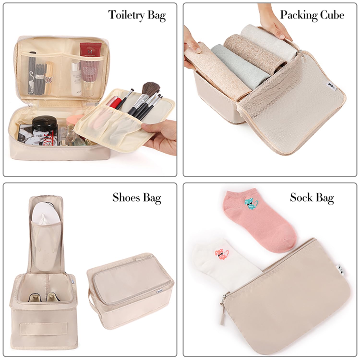 BAGAIL 8-Piece Packing Cubes Set - Travel Luggage Organizer Bags with Compression Zippers (Cream) - Perfect for Suitcase Organization, Business Trips & Vacation Packing