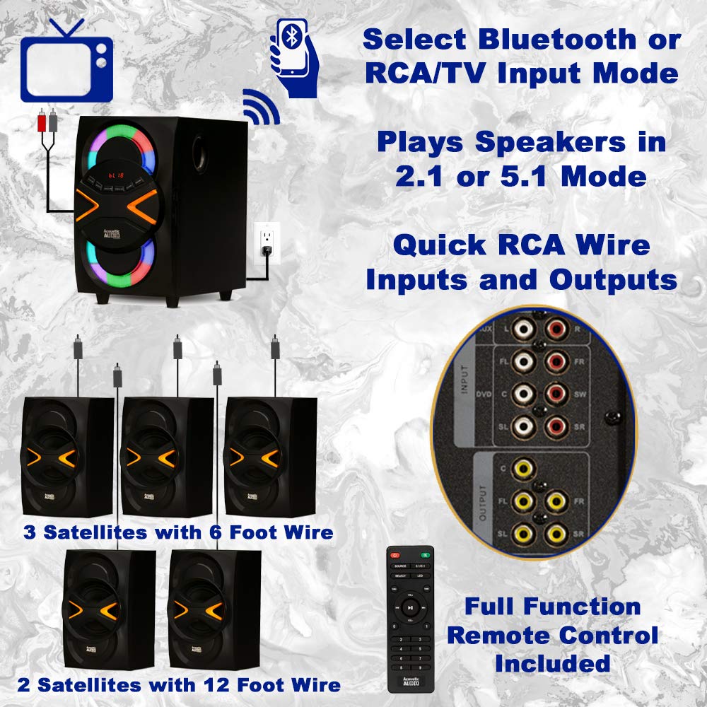 Acoustic Audio by Goldwood 5.1 Channel Home Theater Speaker System with Bluetooth, LED Lights, Powerful Surround Sound - Perfect for Movies, Gaming & Music (AA5210, Black)