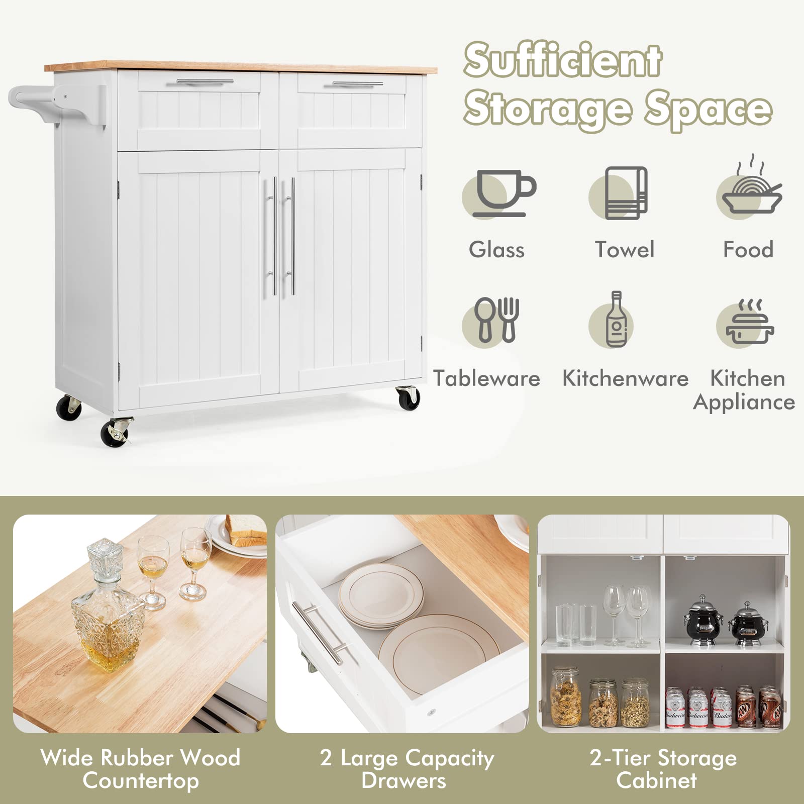 COSTWAY Mobile Kitchen Island Cart with 2 Drawers, 2 Door Cabinet & Towel Bar - Rolling Storage Trolley with Rubber Wood Top & Lockable Casters (White) - Perfect for Small Kitchens, Apartments & Food Prep Stations